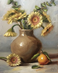 Yellow Daisies with Clementine, Painting, Oil on Wood Panel