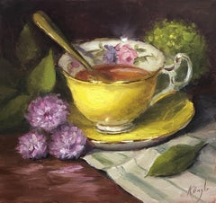 Tea and Mums, Peinture, Huile sur Panneau de Bois