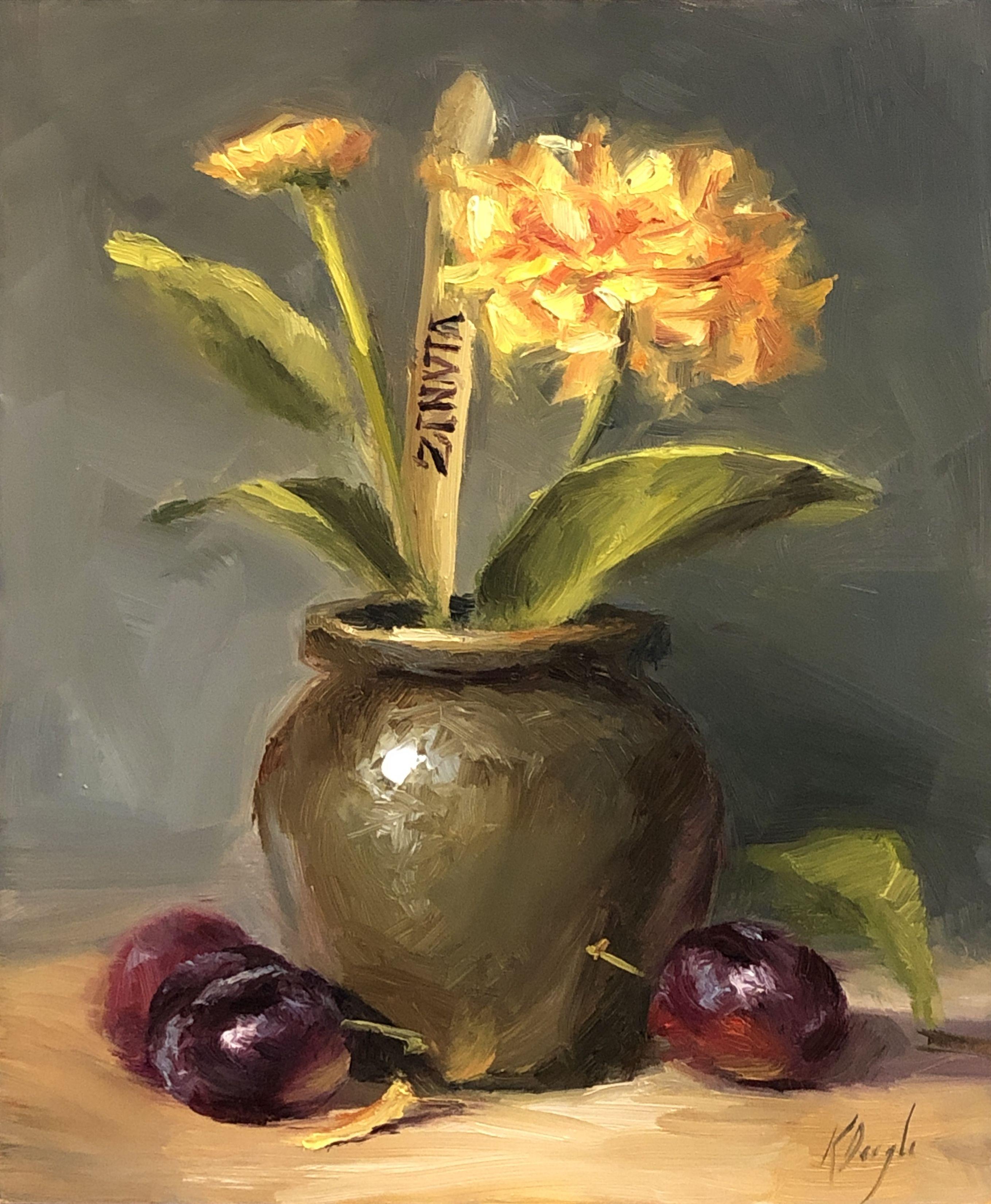 Zinnia con prugne, Pittura, Olio su pannello MDF - Painting di Karen  Daigle