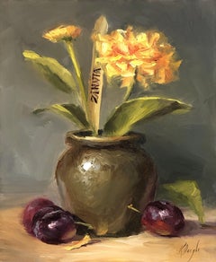Zinnia con prugne, Pittura, Olio su pannello MDF