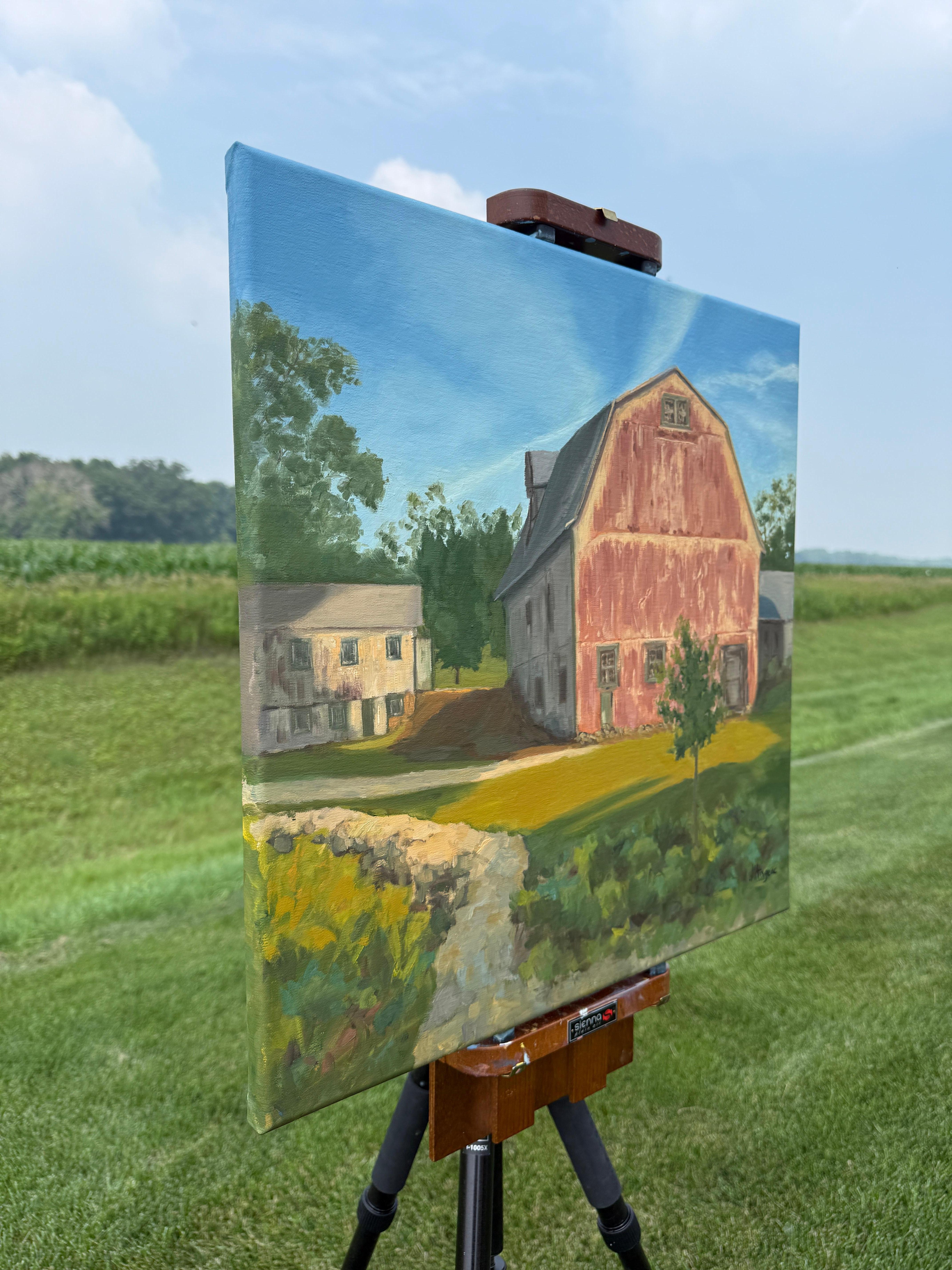 Grange rouge, peinture à l'huile - Painting de Karen d’Angeac Mihm