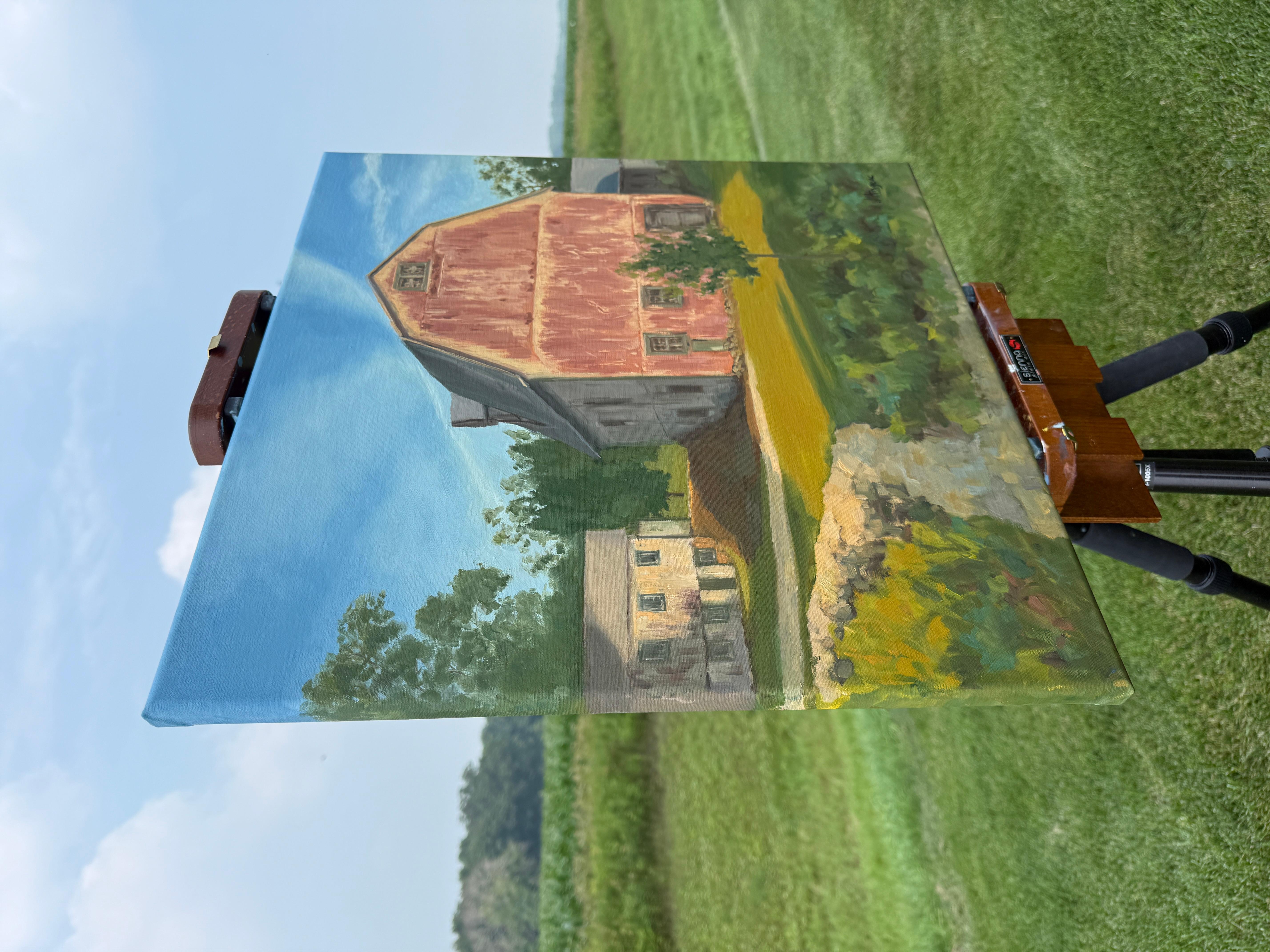 Grange rouge, peinture à l'huile - Painting de Karen d’Angeac Mihm