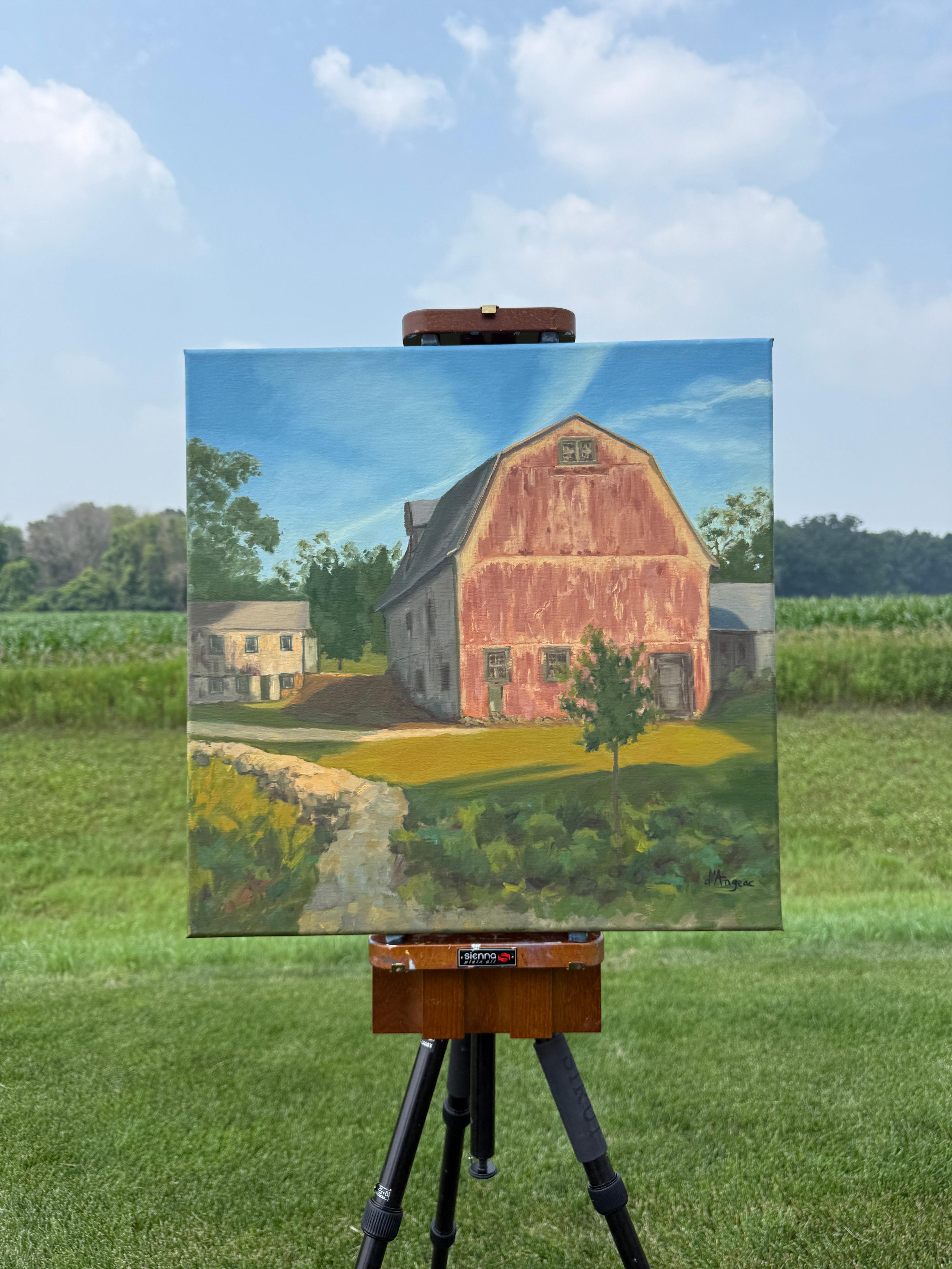 Grange rouge, peinture à l'huile - Impressionnisme Painting par Karen d’Angeac Mihm