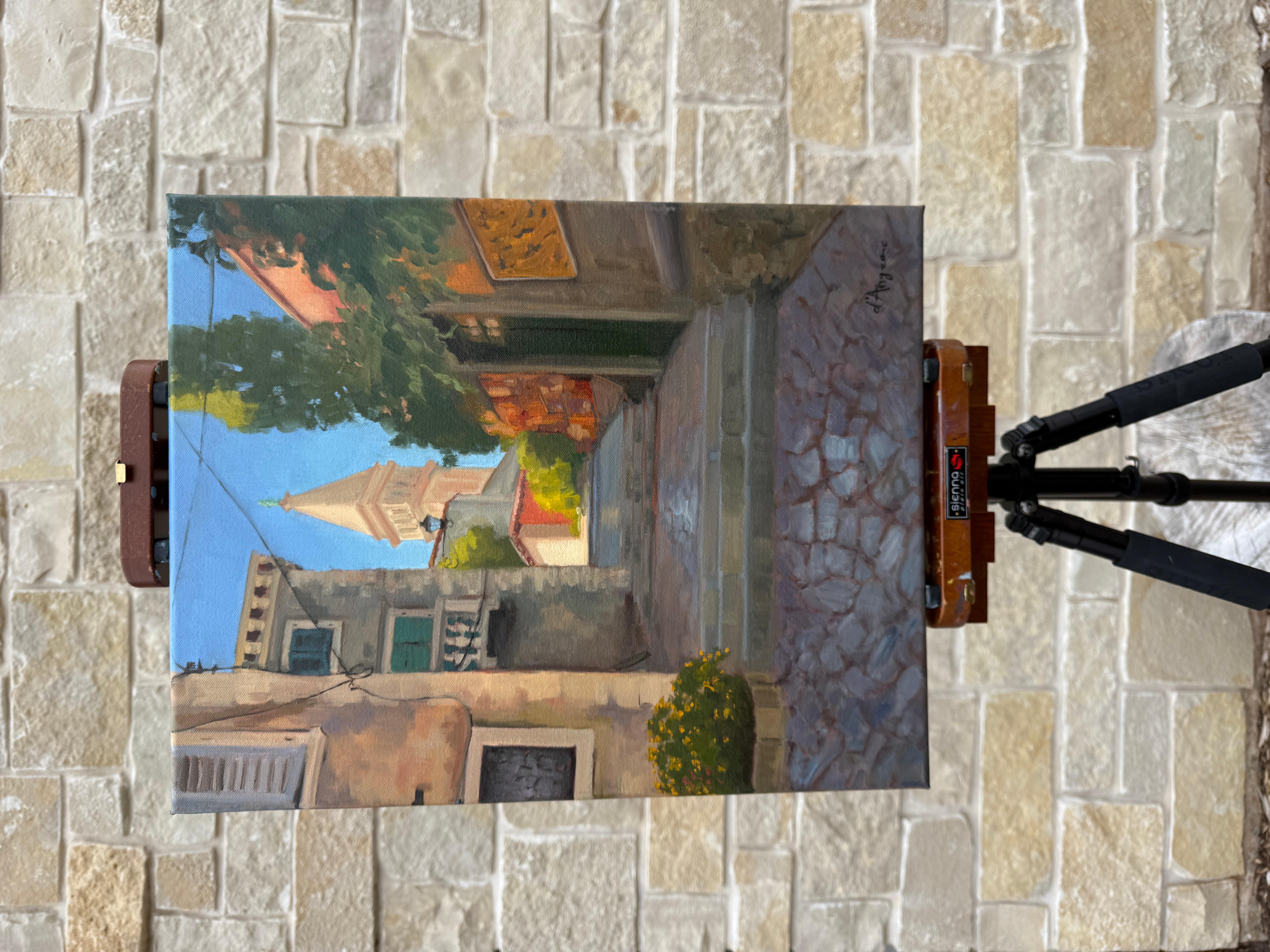 <p>Commenti dell'artista<br />Rovinj, in Croazia, è un incantevole villaggio con un centro storico ricco di fascino. In questa scena, una tortuosa strada di ciottoli conduce a una chiesa, il cui campanile si staglia con grazia contro il cielo blu.