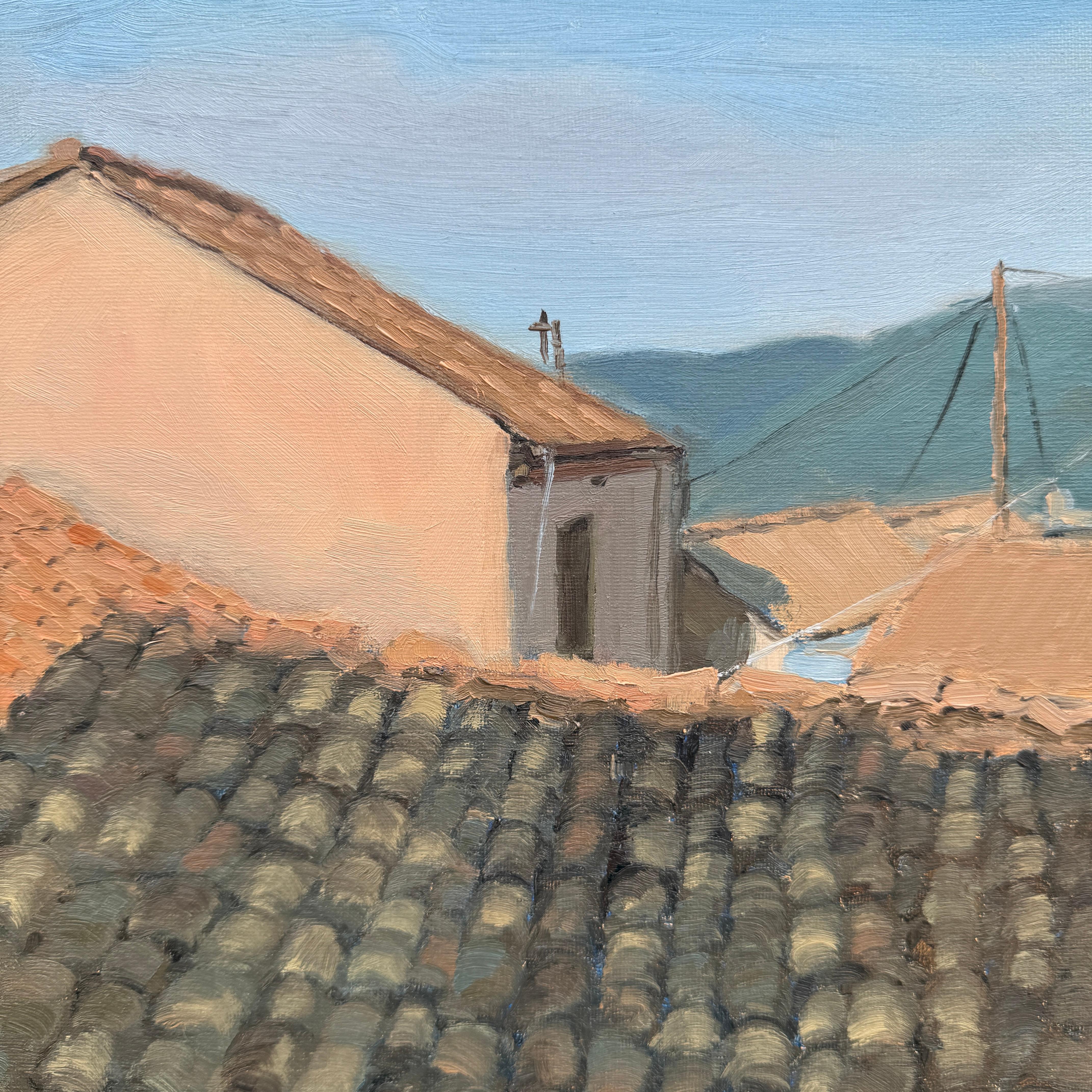 The Rooftops of Corfu, Ölgemälde (Grau), Interior Painting, von Karen d’Angeac Mihm