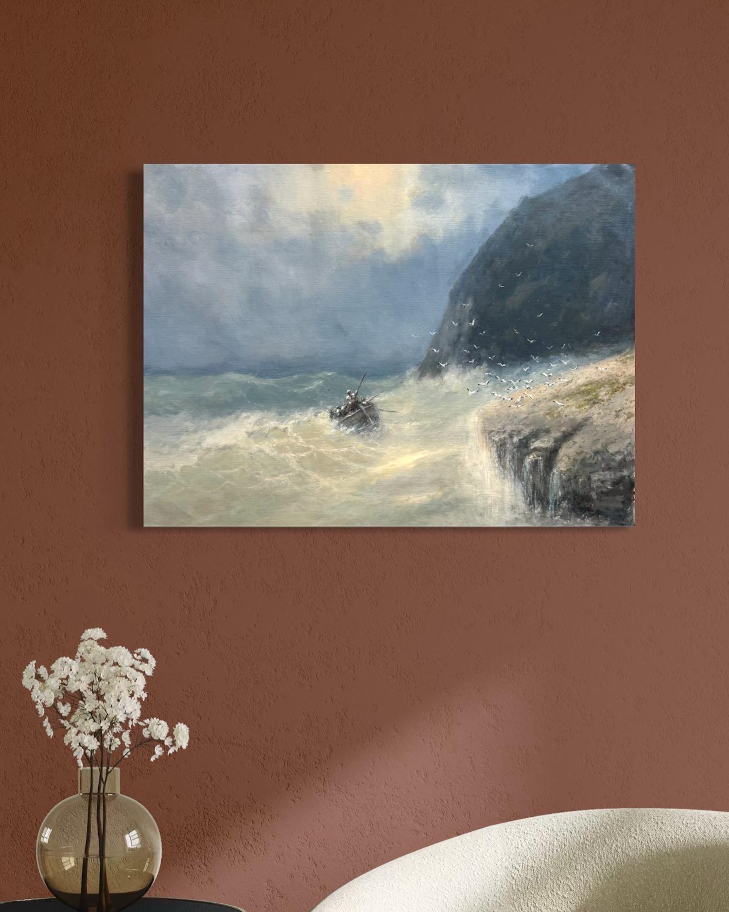 Después de la tormenta, paisaje marino Cuadro al óleo original sobre lino, costero, listo para colgar - Painting Impresionista de Karen Darbinyan