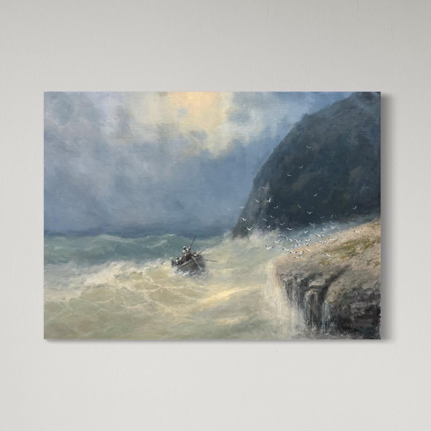 Después de la tormenta, paisaje marino Cuadro al óleo original sobre lino, costero, listo para colgar - Landscape Painting Gris de Karen Darbinyan
