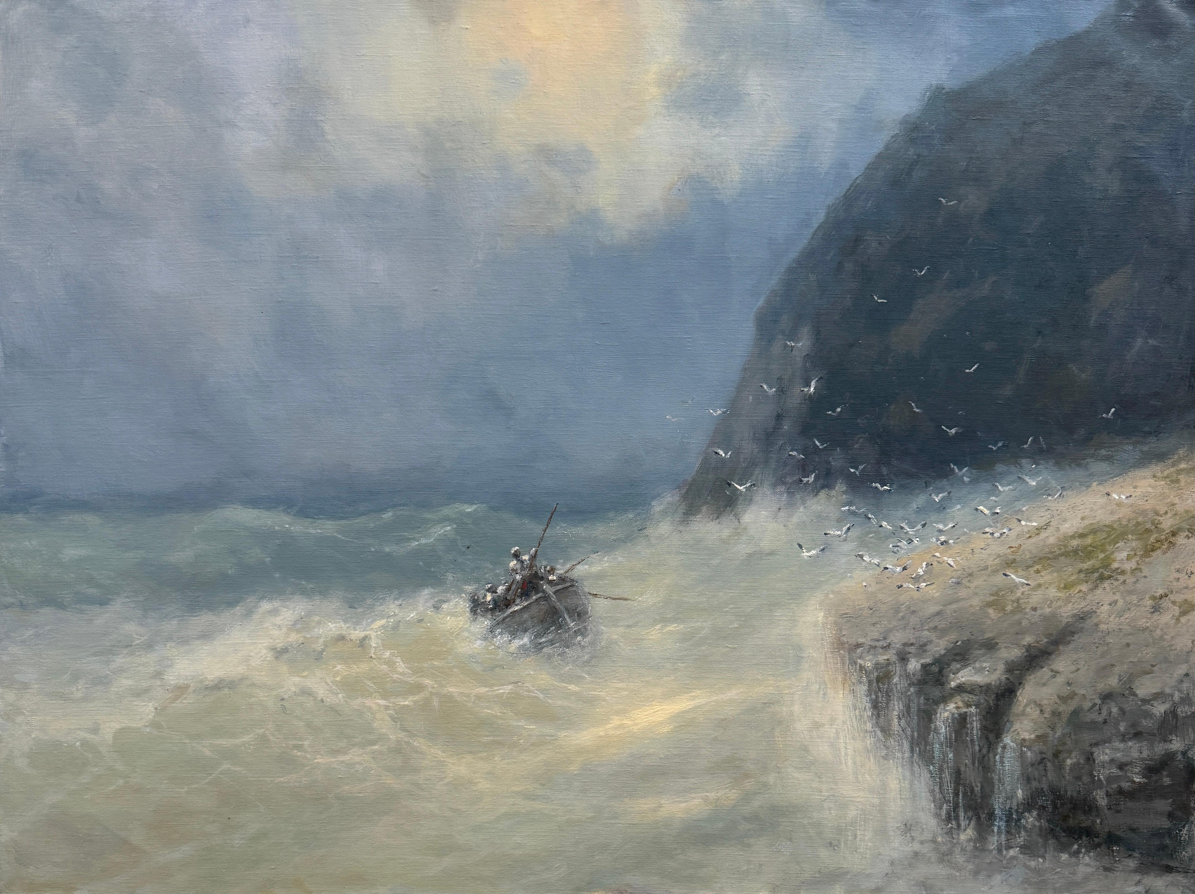 Landscape Painting de Karen Darbinyan - Después de la tormenta, paisaje marino Cuadro al óleo original sobre lino, costero, listo para colgar