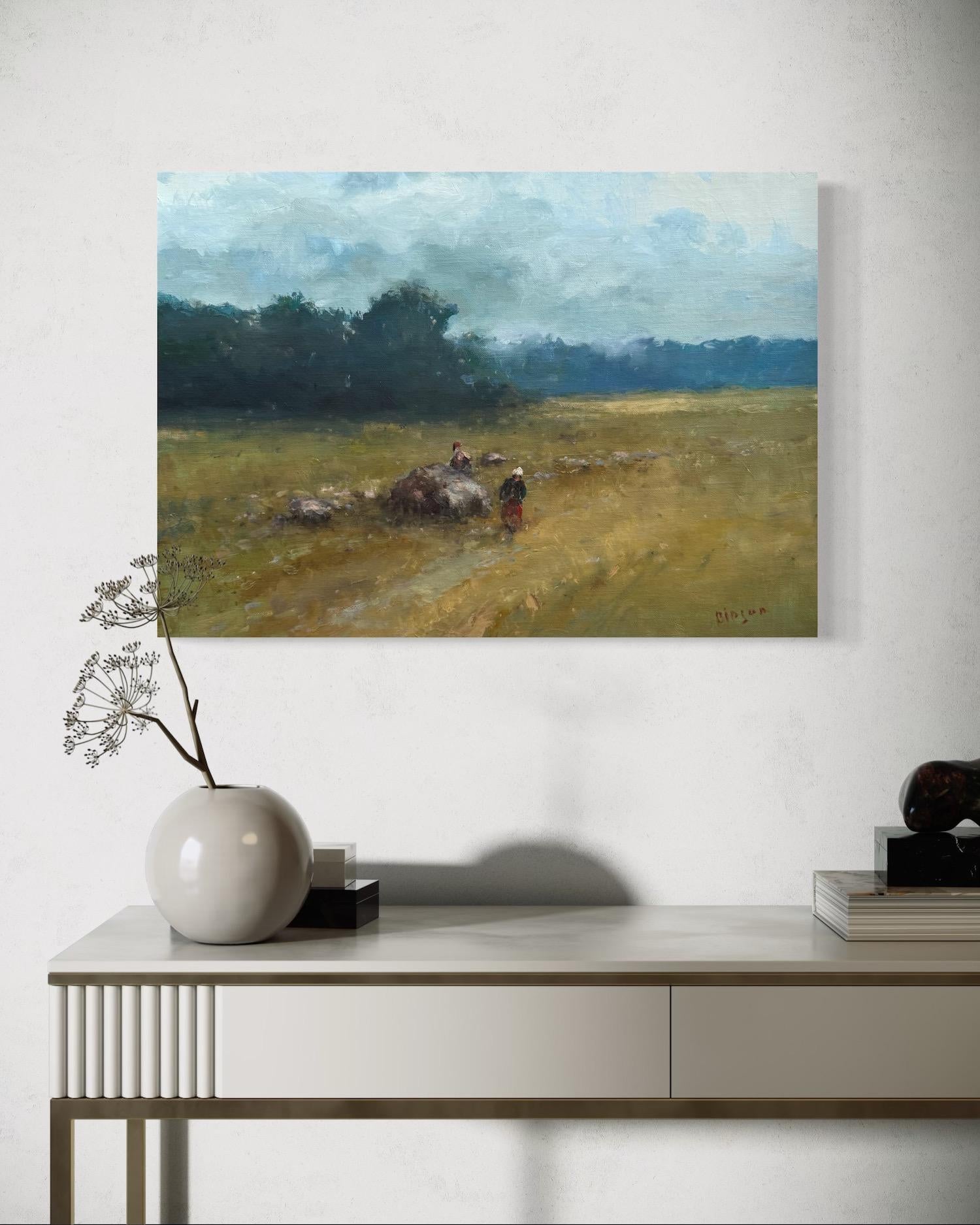 Autumn Landscape Original Oil Painting on Linen,  Ready to Hang - Brown Landscape Painting by Karen Darbinyan