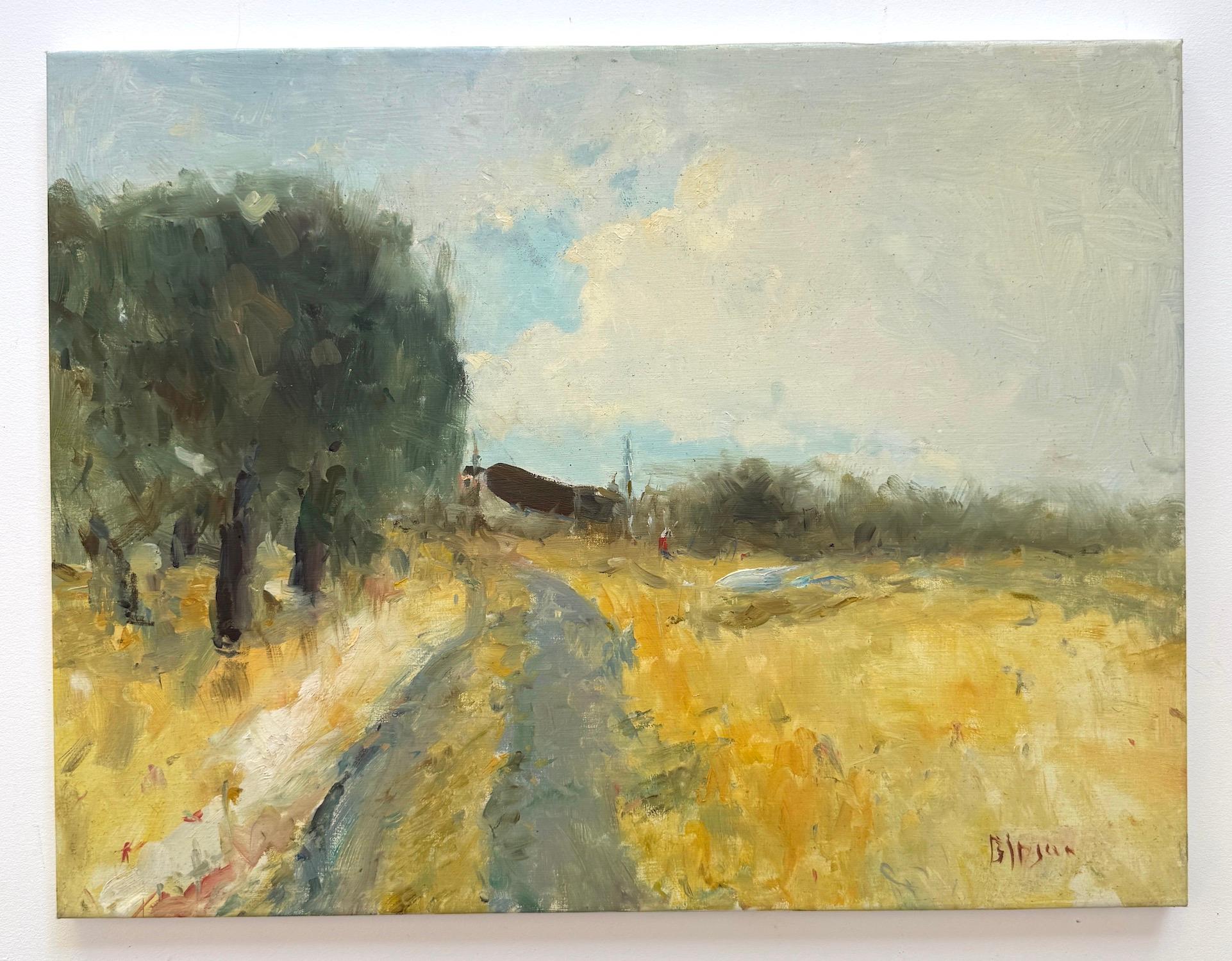 Paysage de chemin d'automne Peinture à l'huile originale sur lin,  Prêt à être accroché - Painting de Karen Darbinyan