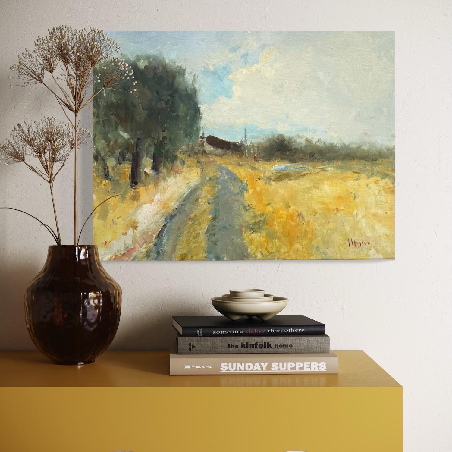 Paysage de chemin d'automne Peinture à l'huile originale sur lin,  Prêt à être accroché - Beige Landscape Painting par Karen Darbinyan