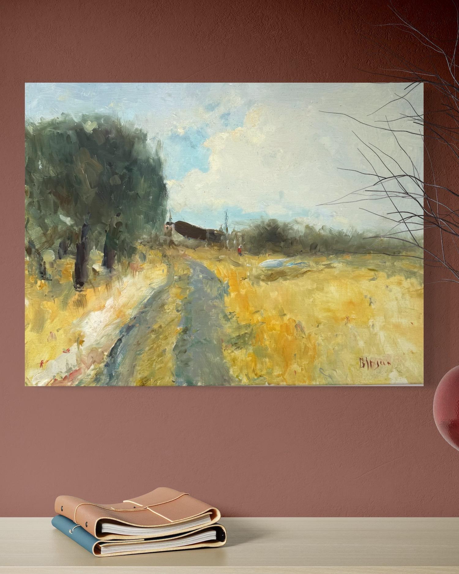 Paysage de chemin d'automne Peinture à l'huile originale sur lin,  Prêt à être accroché en vente 1