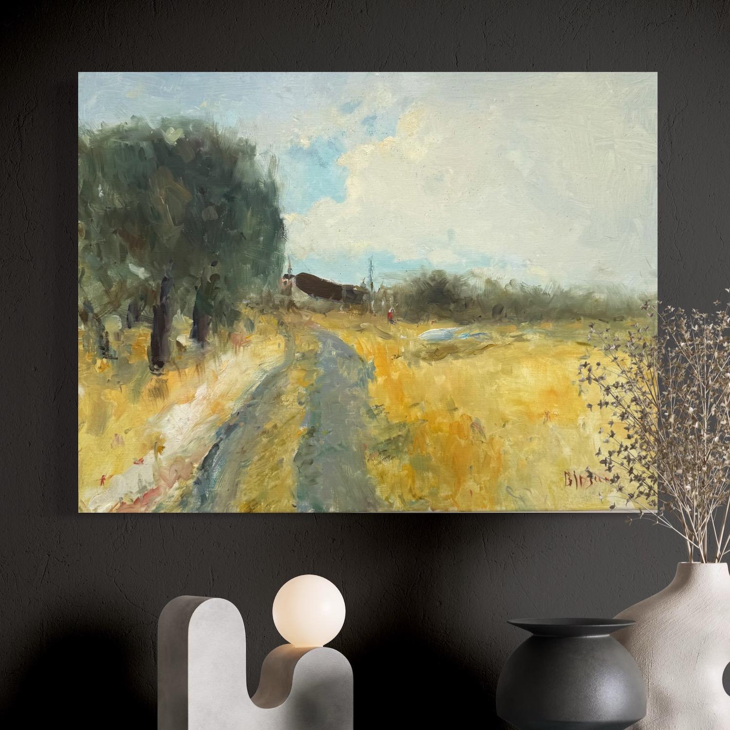 Paysage de chemin d'automne Peinture à l'huile originale sur lin,  Prêt à être accroché en vente 2