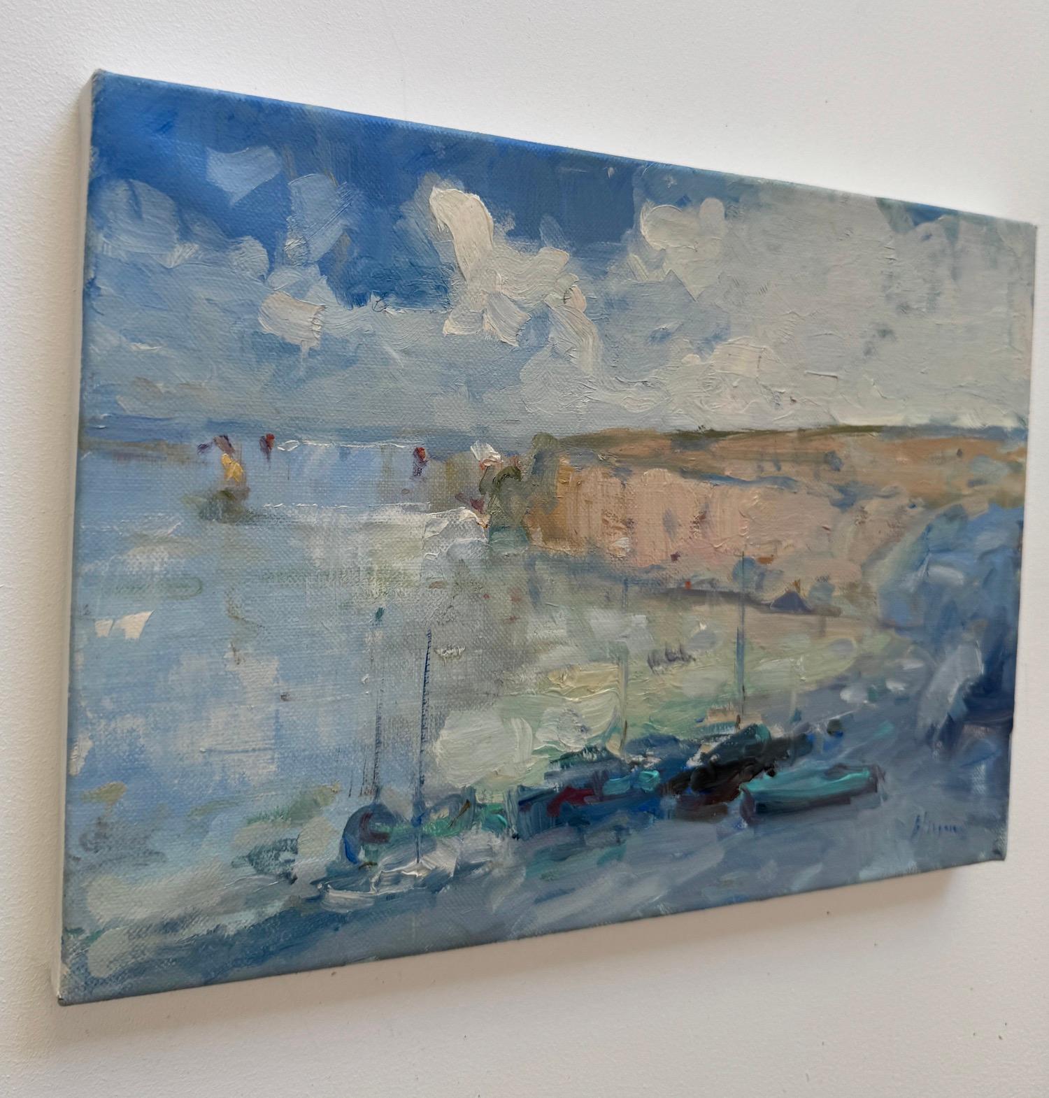 Bay Seascape Original Oil Painting on Linen,  Ready to Hang (Grau), Landscape Painting, von Karen Darbinyan