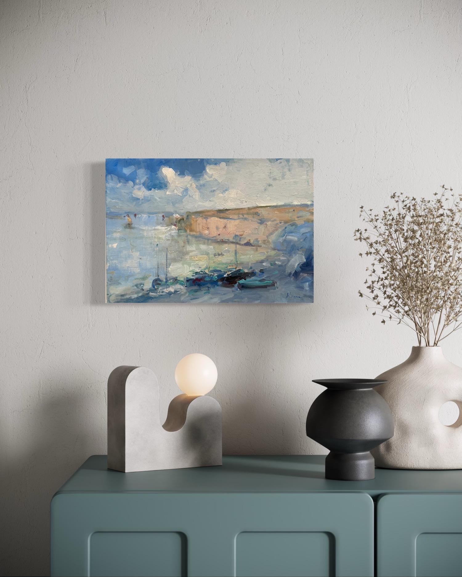 Bay Seascape Original Oil Painting on Linen,  Ready to Hang im Angebot 1