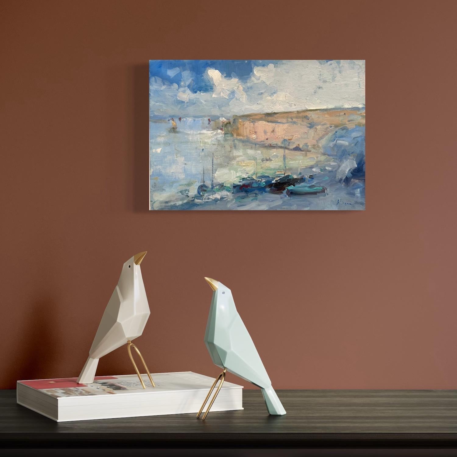 Bay Seascape Original Oil Painting on Linen,  Ready to Hang im Angebot 2