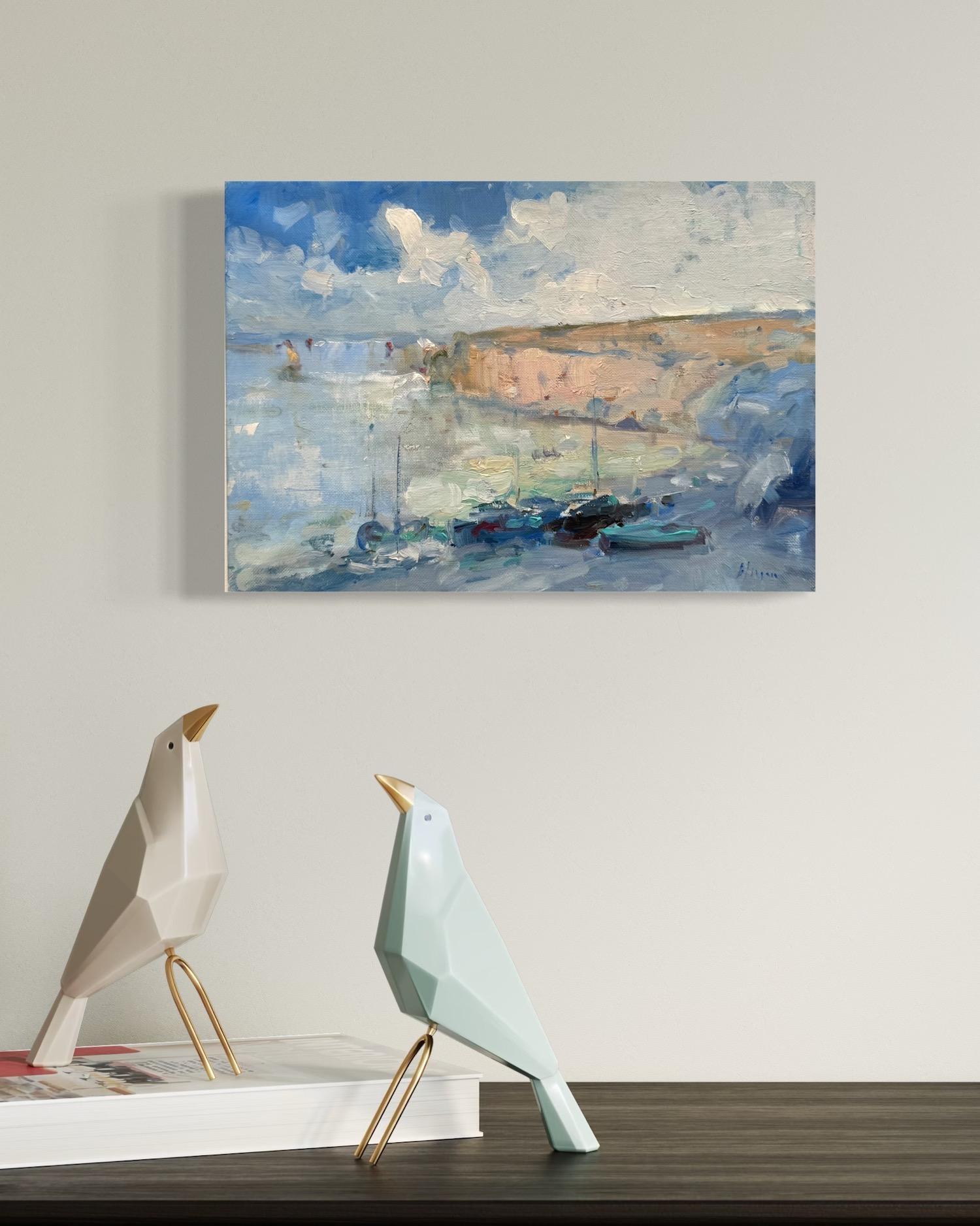 Bay Seascape Original Oil Painting on Linen,  Ready to Hang im Angebot 3