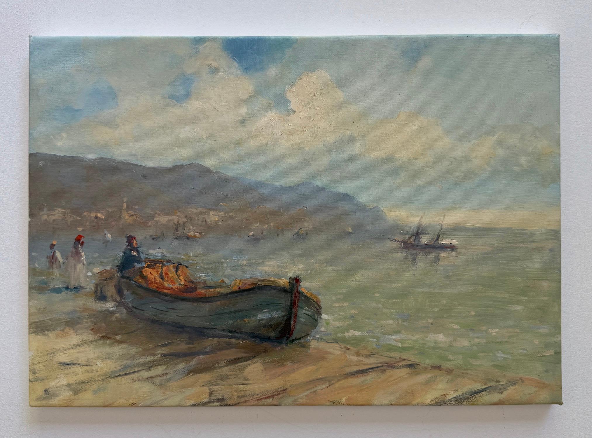 Boot am Ufer Seelandschaft Original Ölgemälde auf Leinen,  Bereit zum Aufhängen – Painting von Karen Darbinyan