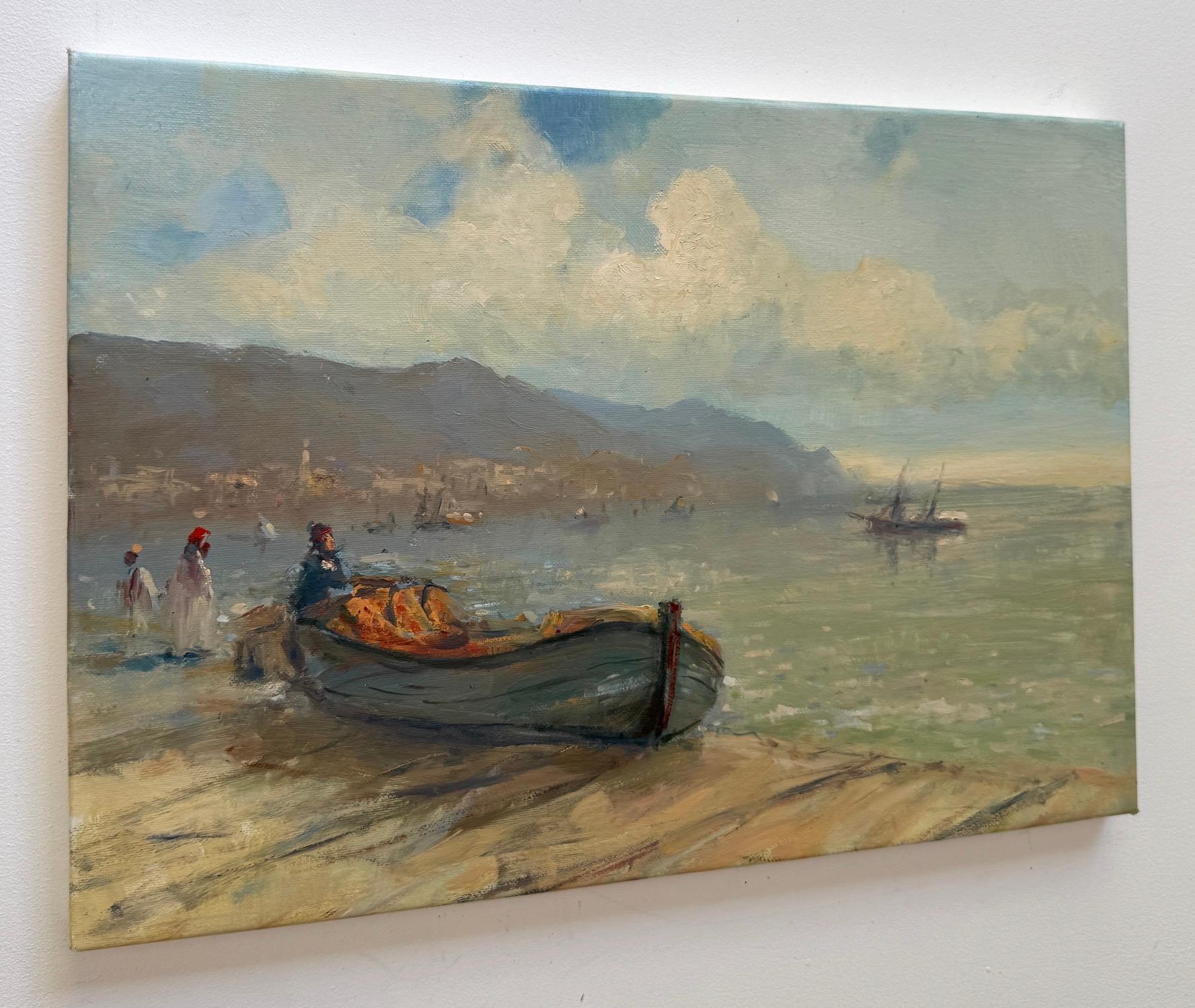Boot am Ufer Seelandschaft Original Ölgemälde auf Leinen,  Bereit zum Aufhängen (Impressionismus), Painting, von Karen Darbinyan