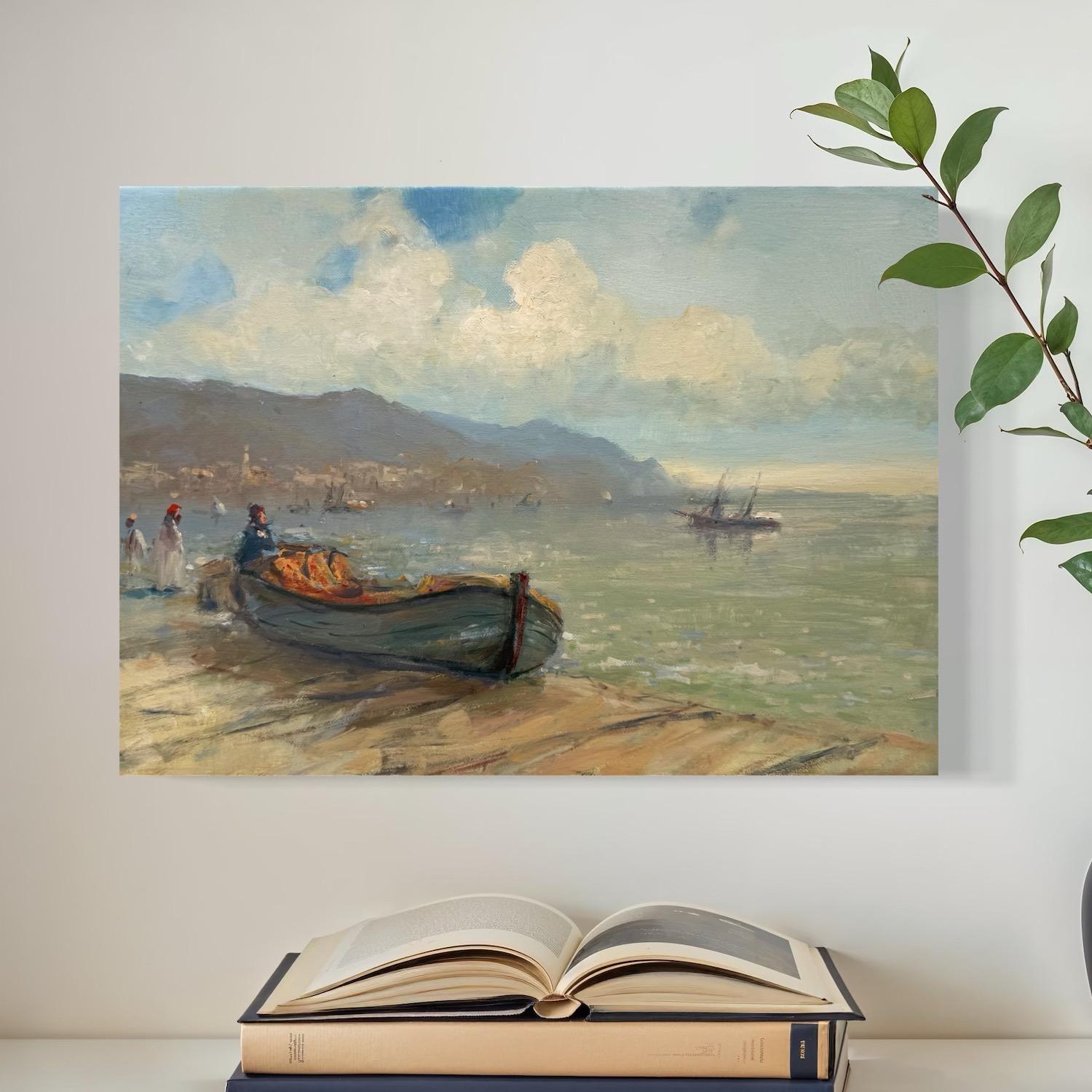Boot am Ufer Seelandschaft Original Ölgemälde auf Leinen,  Bereit zum Aufhängen (Grau), Landscape Painting, von Karen Darbinyan