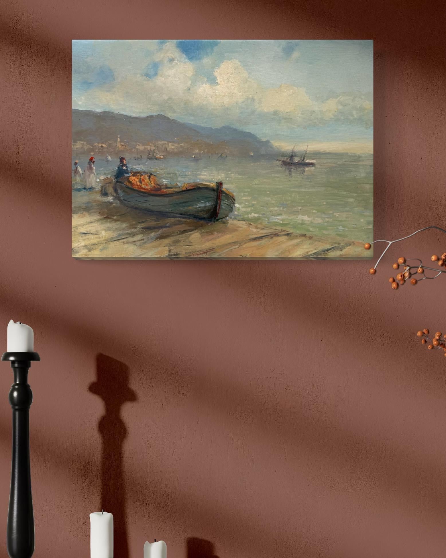 Boot am Ufer Seelandschaft Original Ölgemälde auf Leinen,  Bereit zum Aufhängen im Angebot 1