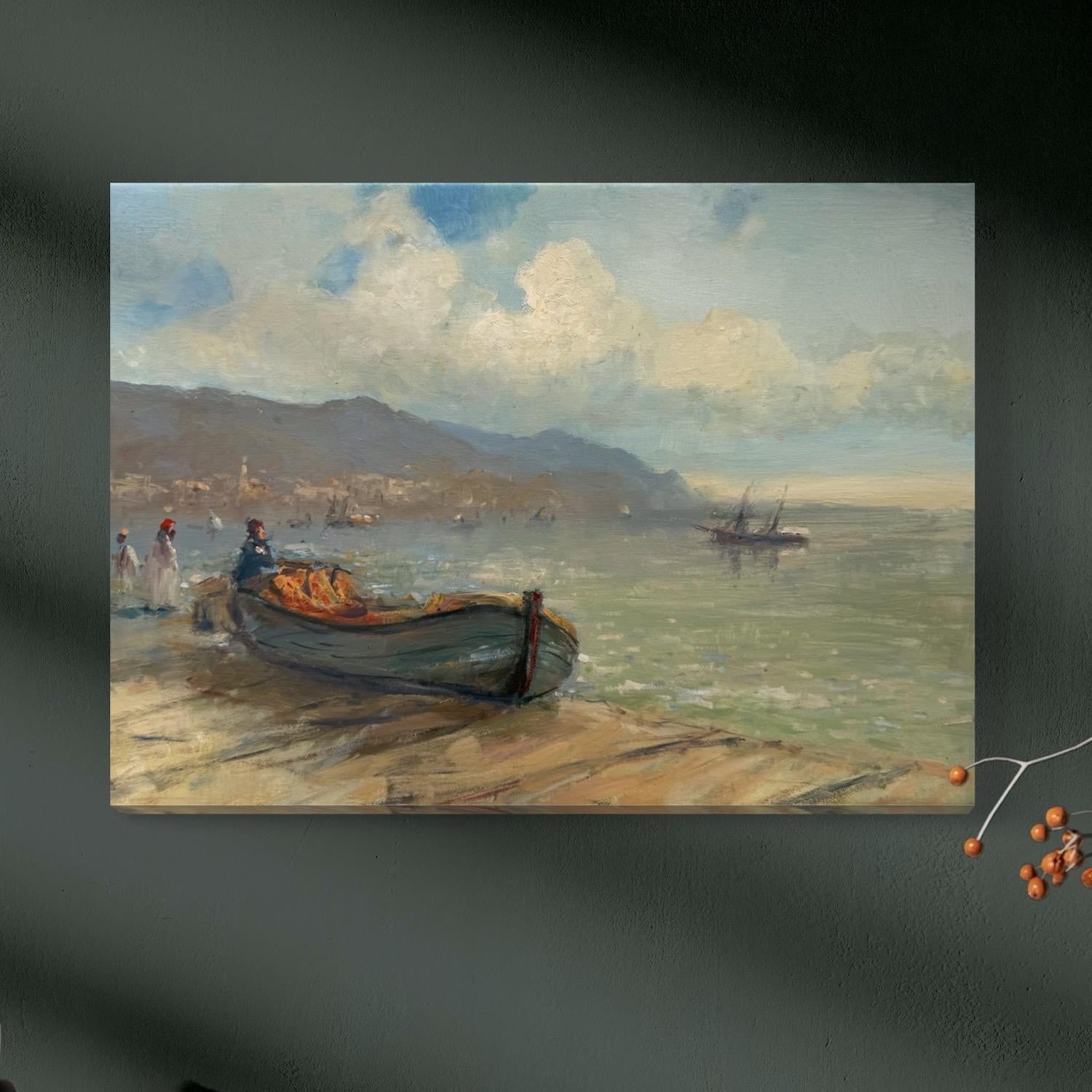 Boot am Ufer Seelandschaft Original Ölgemälde auf Leinen,  Bereit zum Aufhängen im Angebot 2