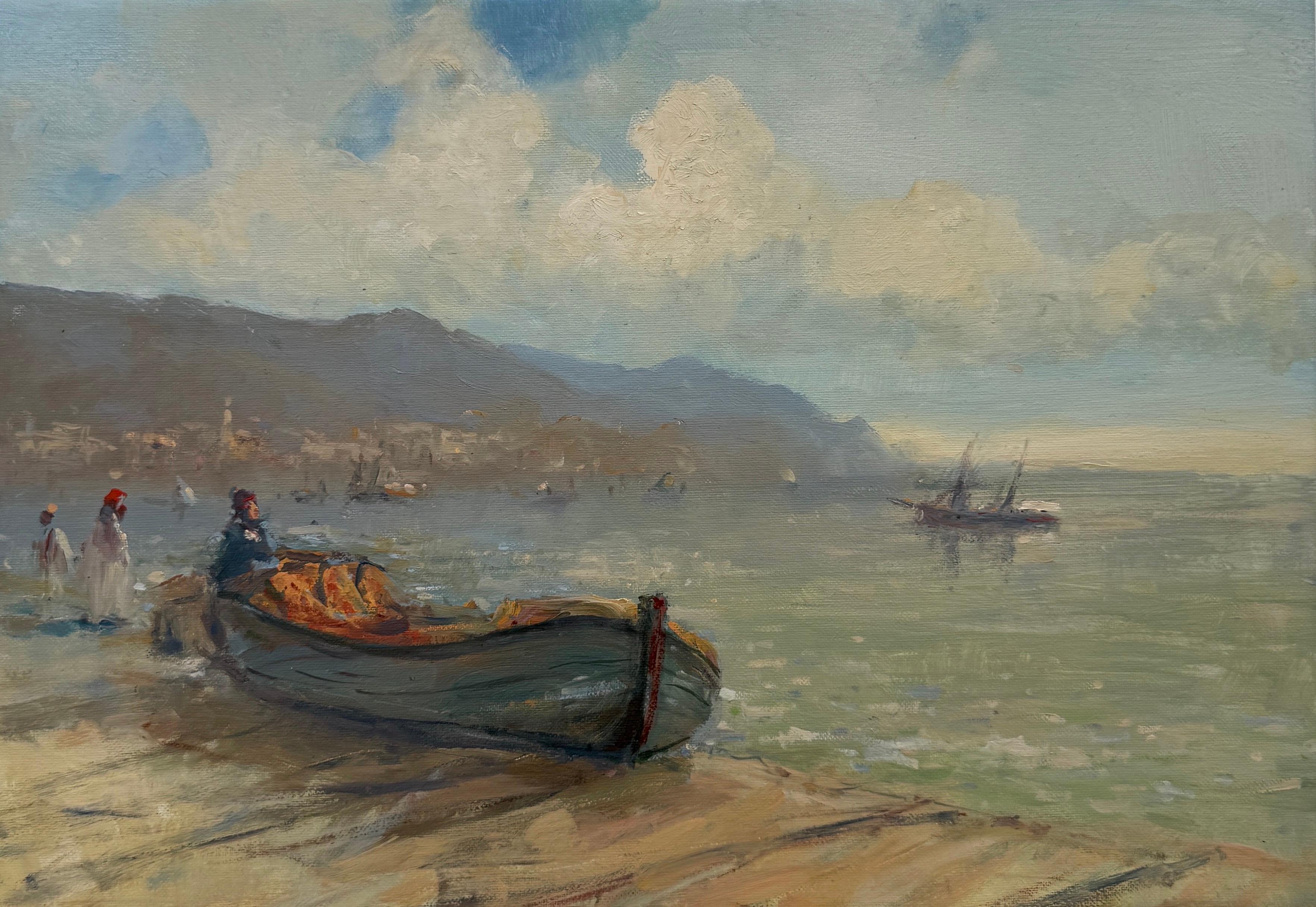 Karen Darbinyan Landscape Painting – Boot am Ufer Seelandschaft Original Ölgemälde auf Leinen,  Bereit zum Aufhängen