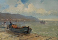 Boot am Ufer Seelandschaft Original Ölgemälde auf Leinen,  Bereit zum Aufhängen