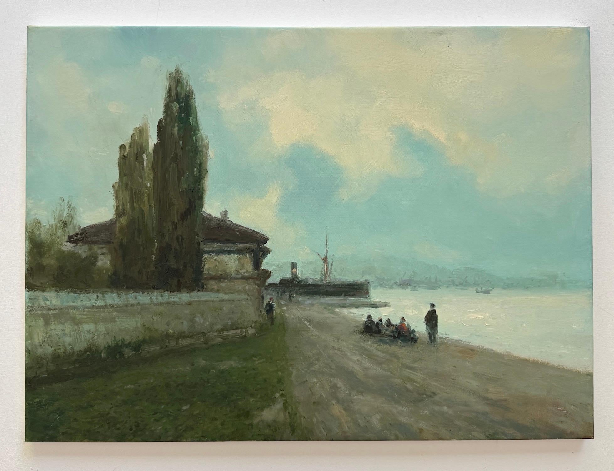 Boote Seelandschaft Original Ölgemälde auf Leinen,  Bereit zum Aufhängen – Painting von Karen Darbinyan