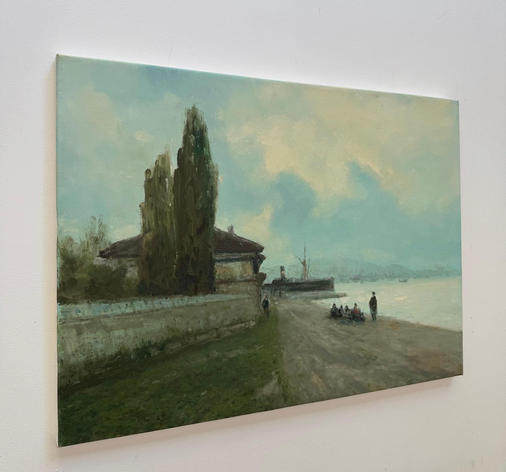 Boote Seelandschaft Original Ölgemälde auf Leinen,  Bereit zum Aufhängen (Impressionismus), Painting, von Karen Darbinyan