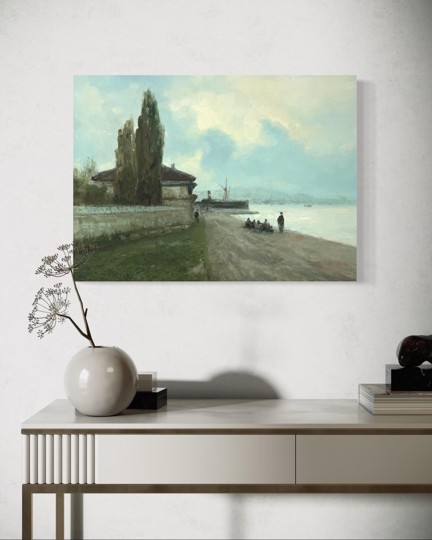 Boote Seelandschaft Original Ölgemälde auf Leinen,  Bereit zum Aufhängen (Grau), Landscape Painting, von Karen Darbinyan