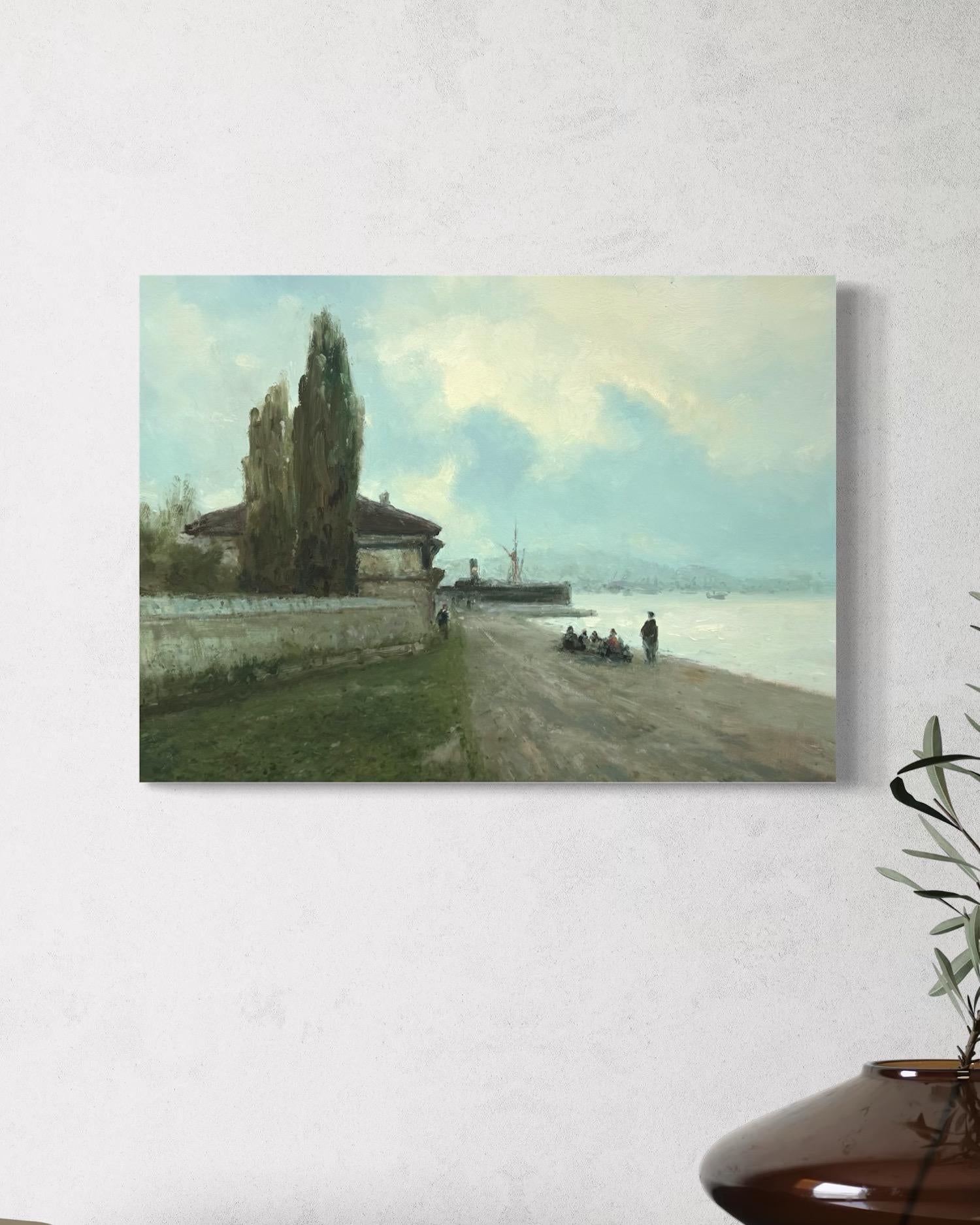 Boote Seelandschaft Original Ölgemälde auf Leinen,  Bereit zum Aufhängen im Angebot 1