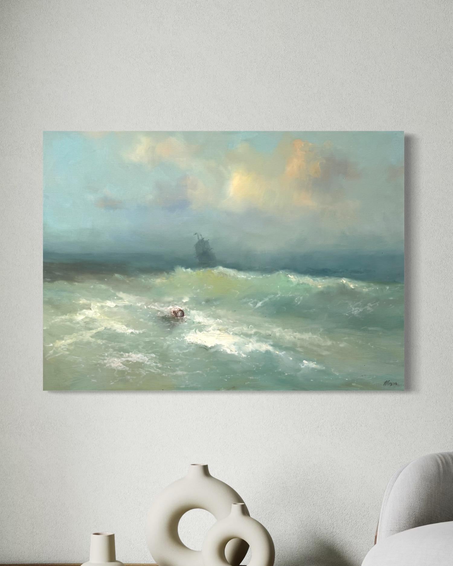 Breath of the Ocean Original Oil Painting on Linen,  Ready to Hang - Gray Landscape Painting by Karen Darbinyan