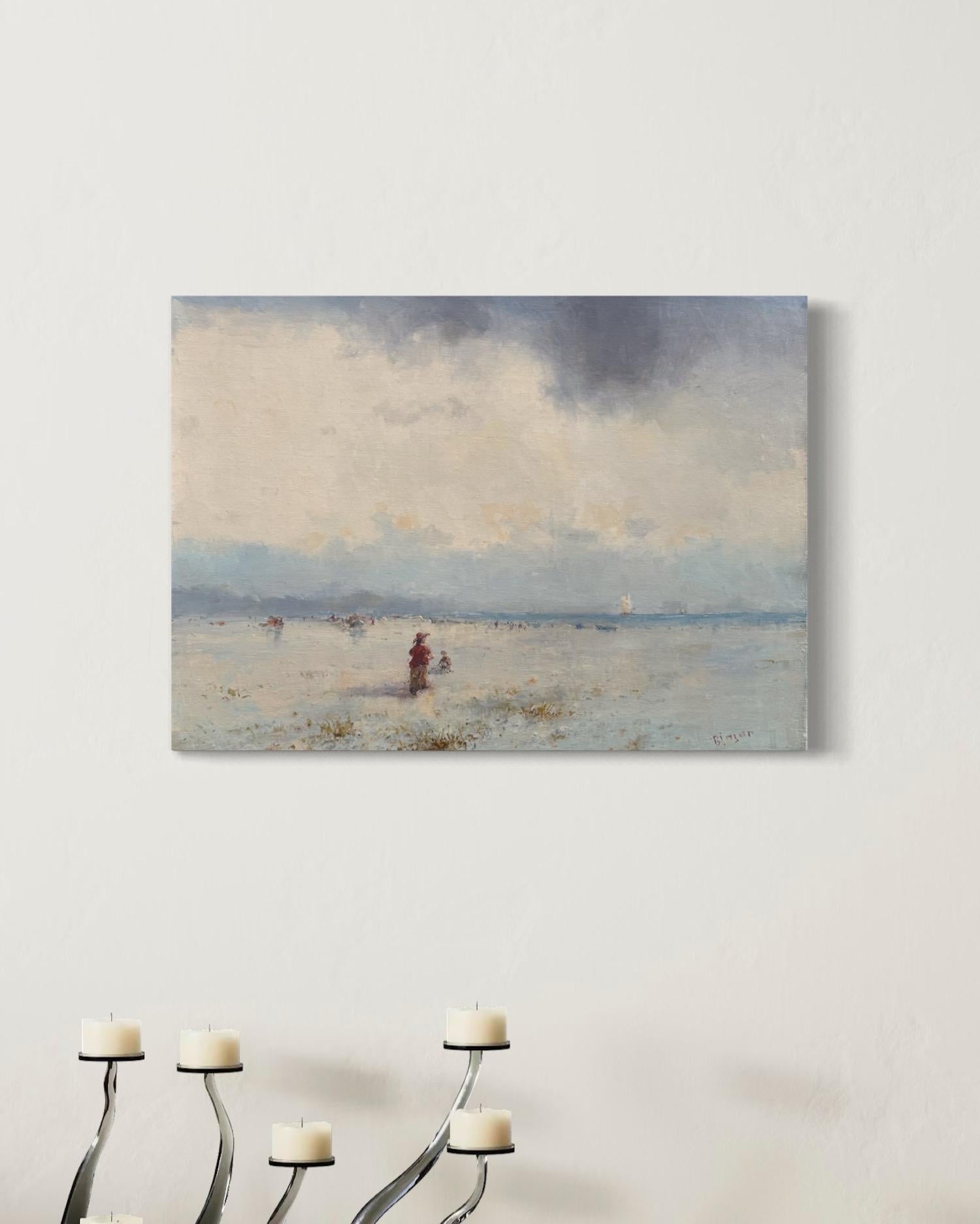 Coastal Seascape Original Oil Painting on Linen,  Ready to Hang - Beige Landscape Painting by Karen Darbinyan