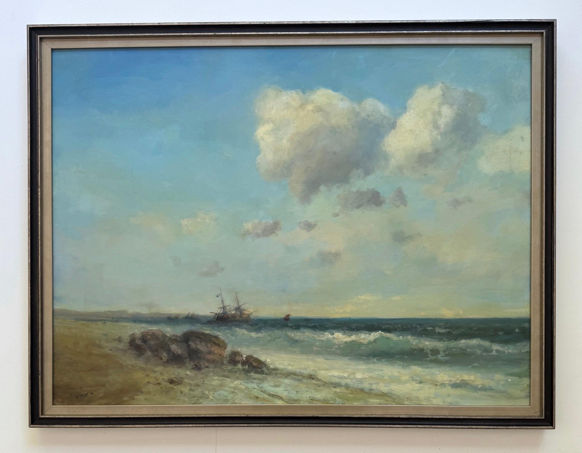 Coastal Seascape Original Oil Painting on Linen,  Ready to Hang (Grau), Landscape Painting, von Karen Darbinyan