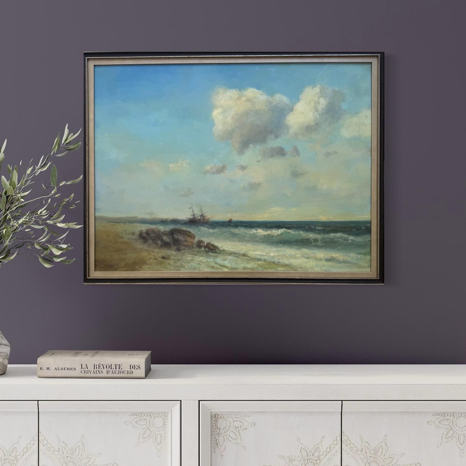 Coastal Seascape Original Oil Painting on Linen,  Ready to Hang im Angebot 3