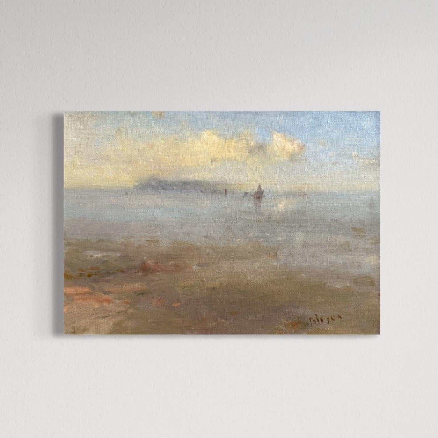 Coastal Silence Original Oil Painting on Linen,  Ready to Hang - Landscape Painting Gris de Karen Darbinyan