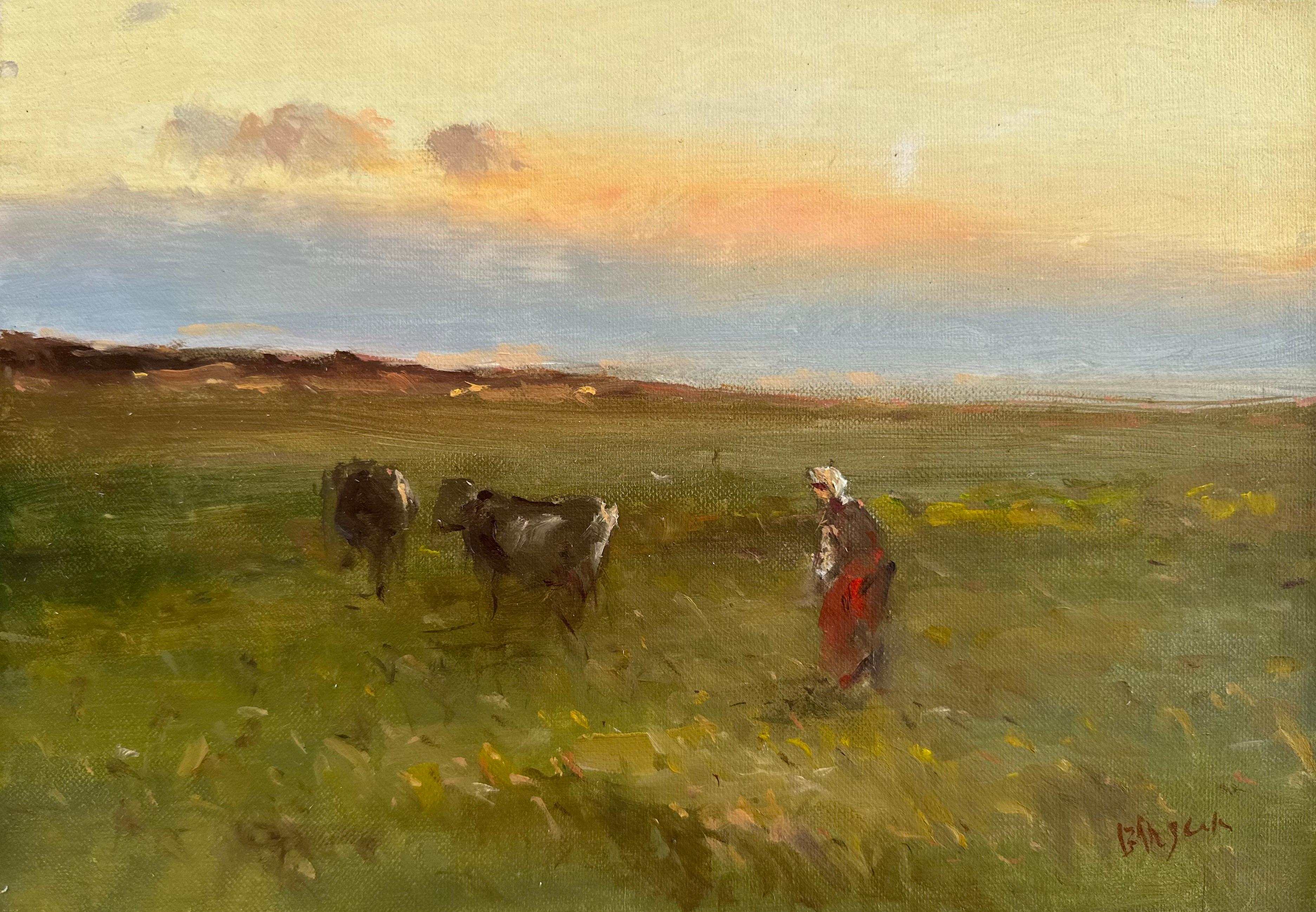 Karen Darbinyan Landscape Painting - Cows, Landscape, Impressionism, Original oil Painting, One of a Kind