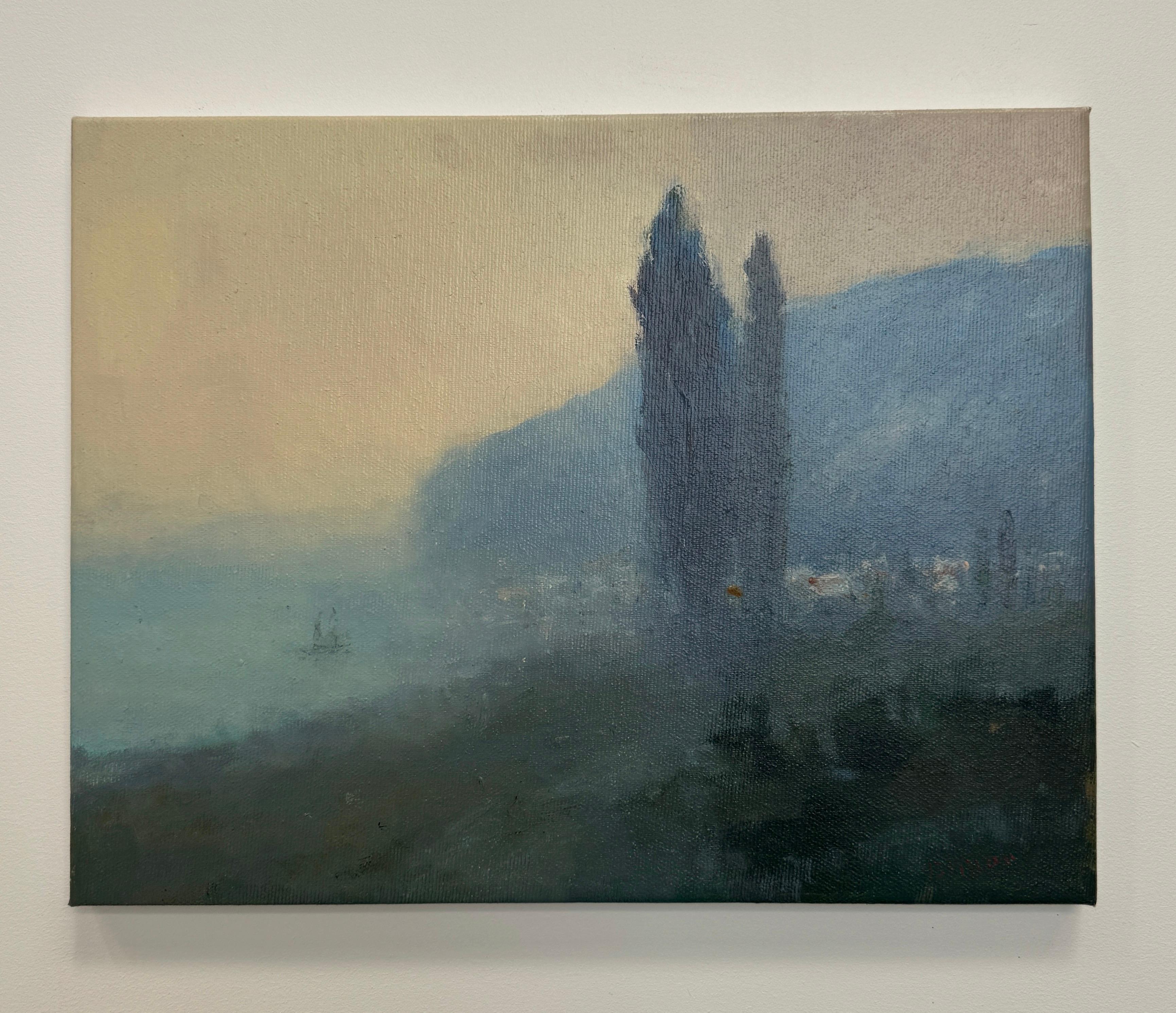 Cipreses, Pintura al óleo original, Única en su género - Landscape Painting Gris de Karen Darbinyan