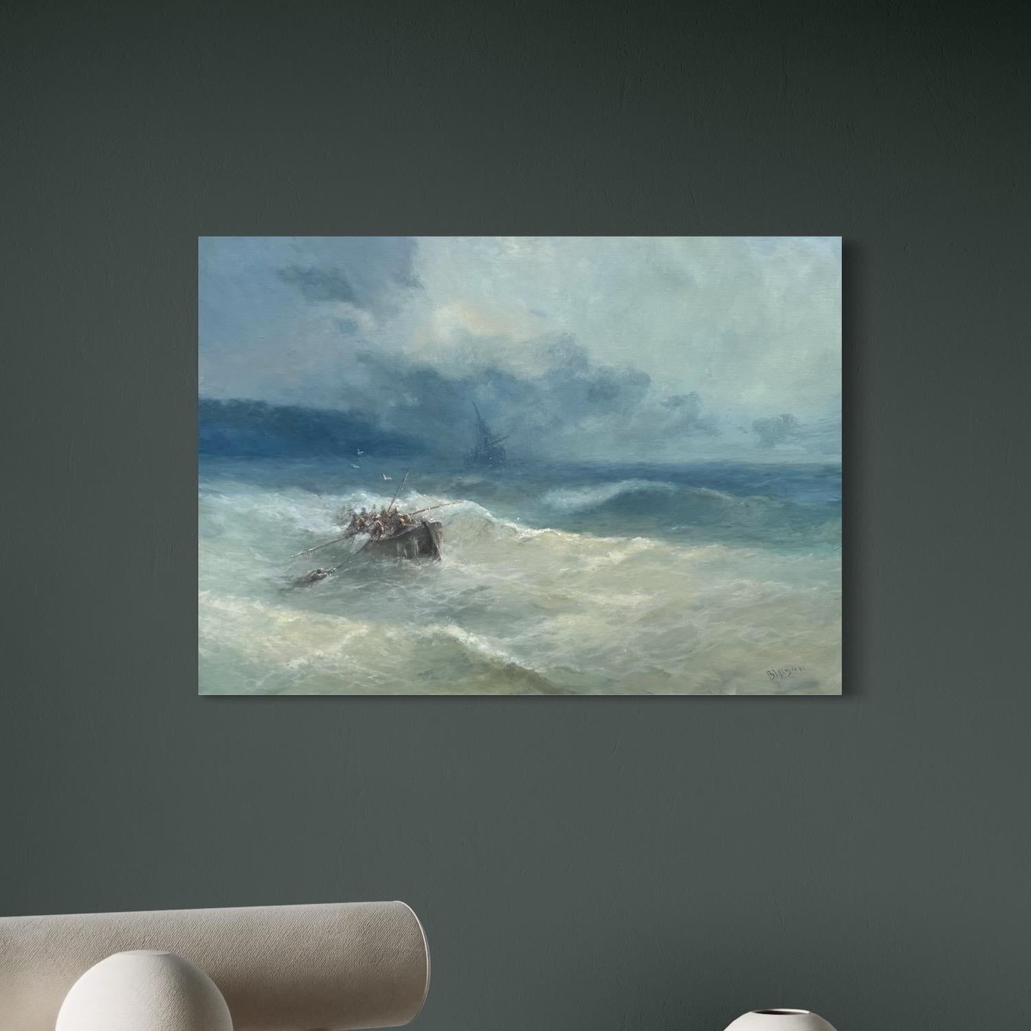 Drift into Sea, Seascape Original Oil Painting on Linen, Coastal, Ready to Hang - Gray Landscape Painting by Karen Darbinyan