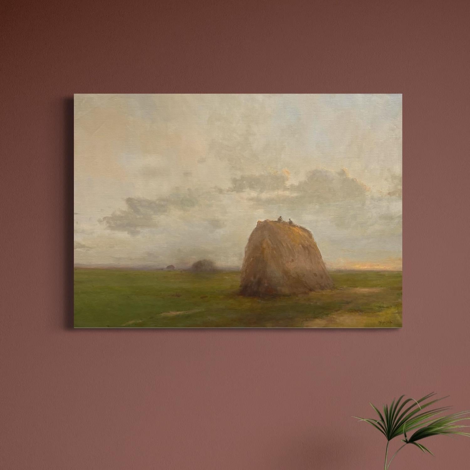 Evening Over Harvest Original Oil Painting on Linen,  Ready to Hang - Landscape Painting Marrón de Karen Darbinyan