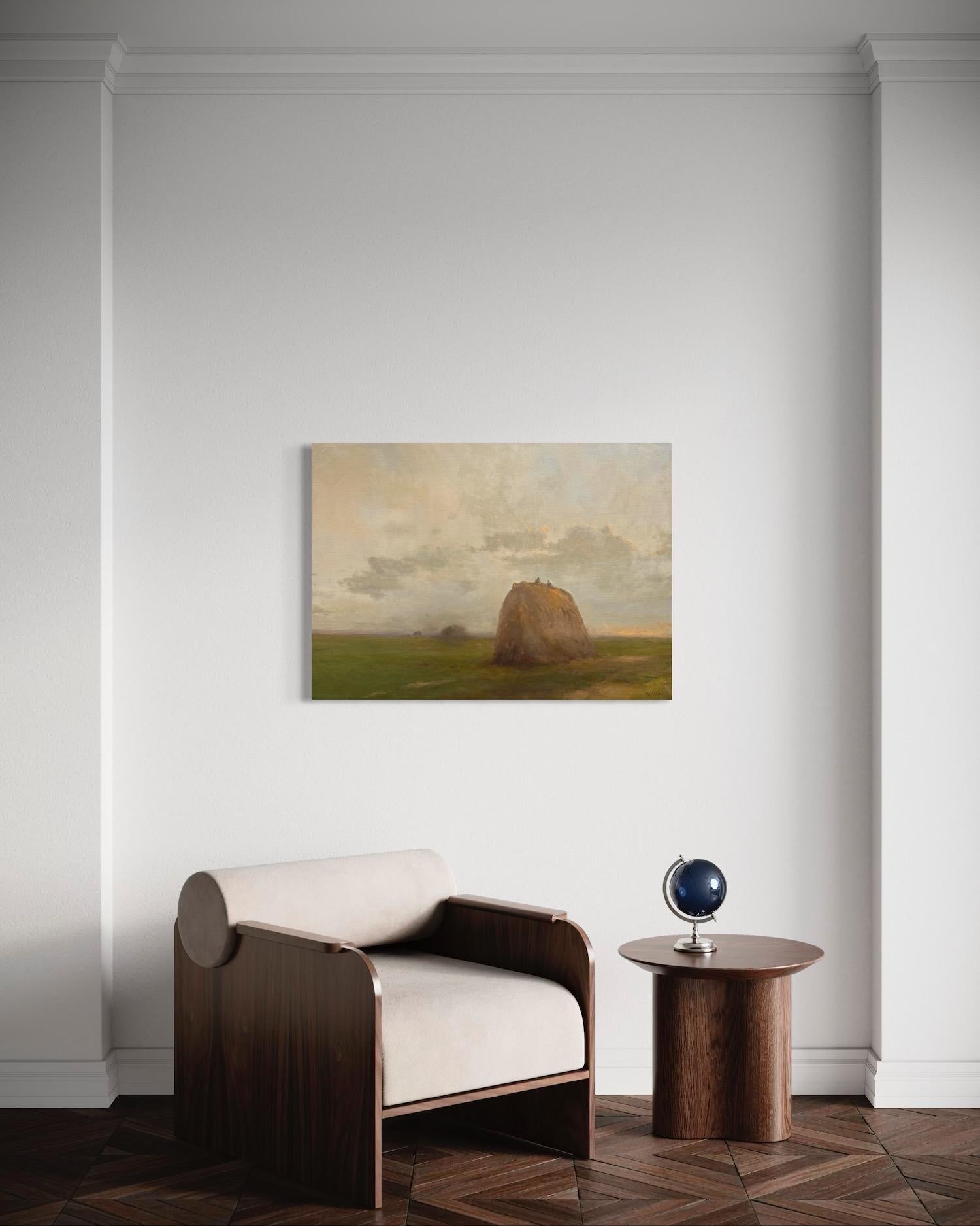 Evening Over Harvest Original Oil Painting on Linen,  Ready to Hang en venta 1
