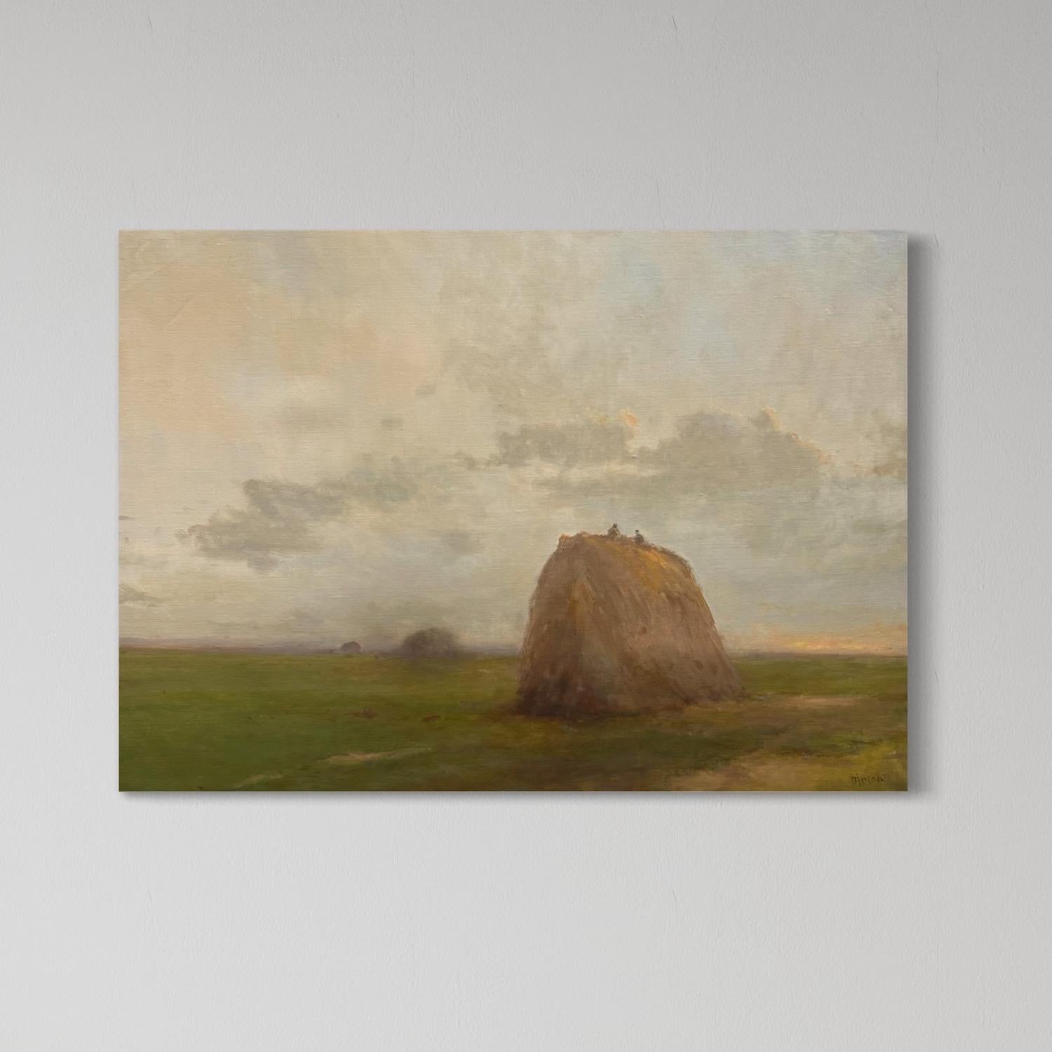 Evening Over Harvest Original Oil Painting on Linen,  Ready to Hang en venta 2