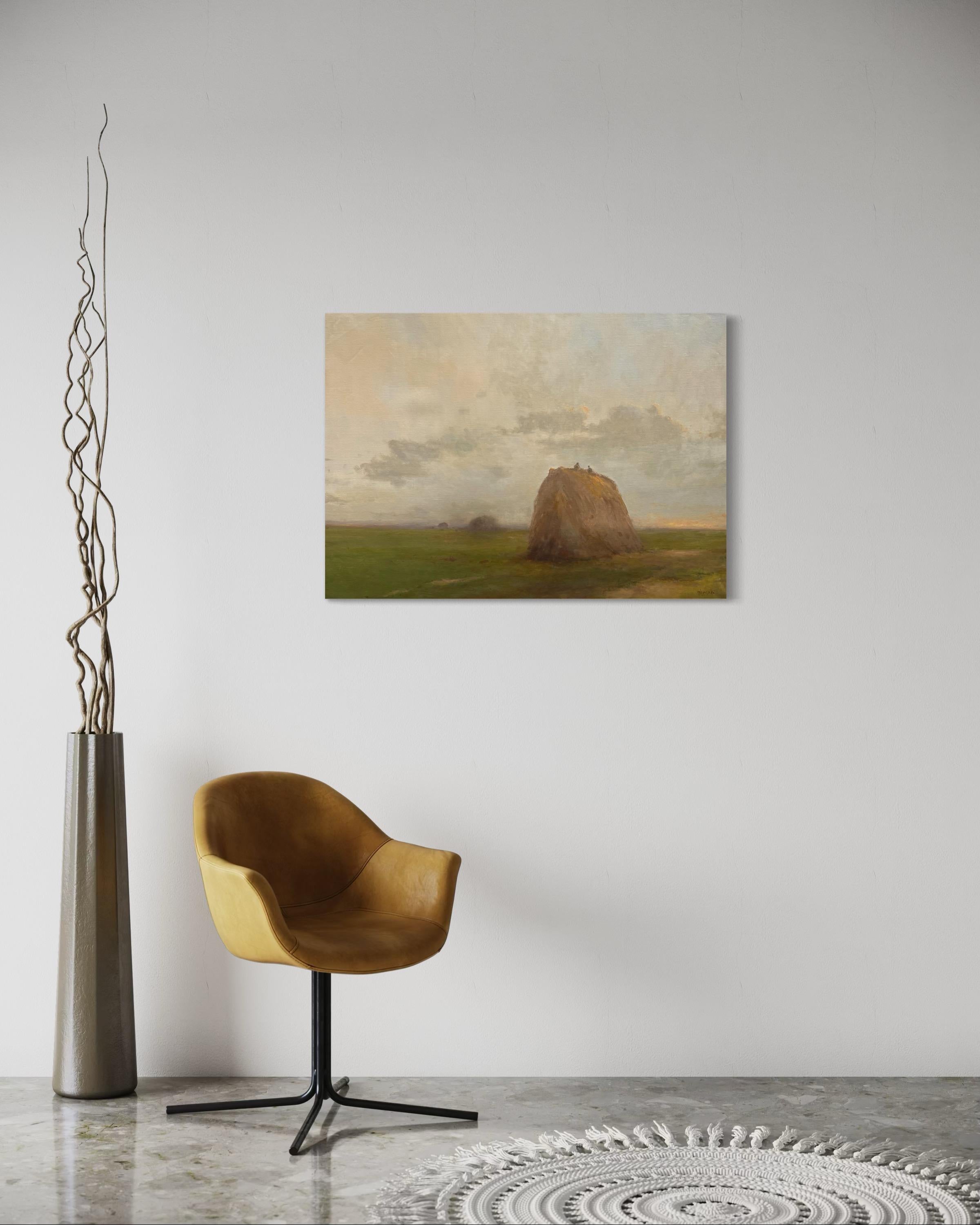 Evening Over Harvest Original Oil Painting on Linen,  Ready to Hang en venta 3