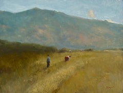 Farmer, paysage, peinture à l'huile originale, unique en son genre