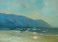 Bateaux de pêche, paysage marin, peinture à l'huile originale, unique en son genre
