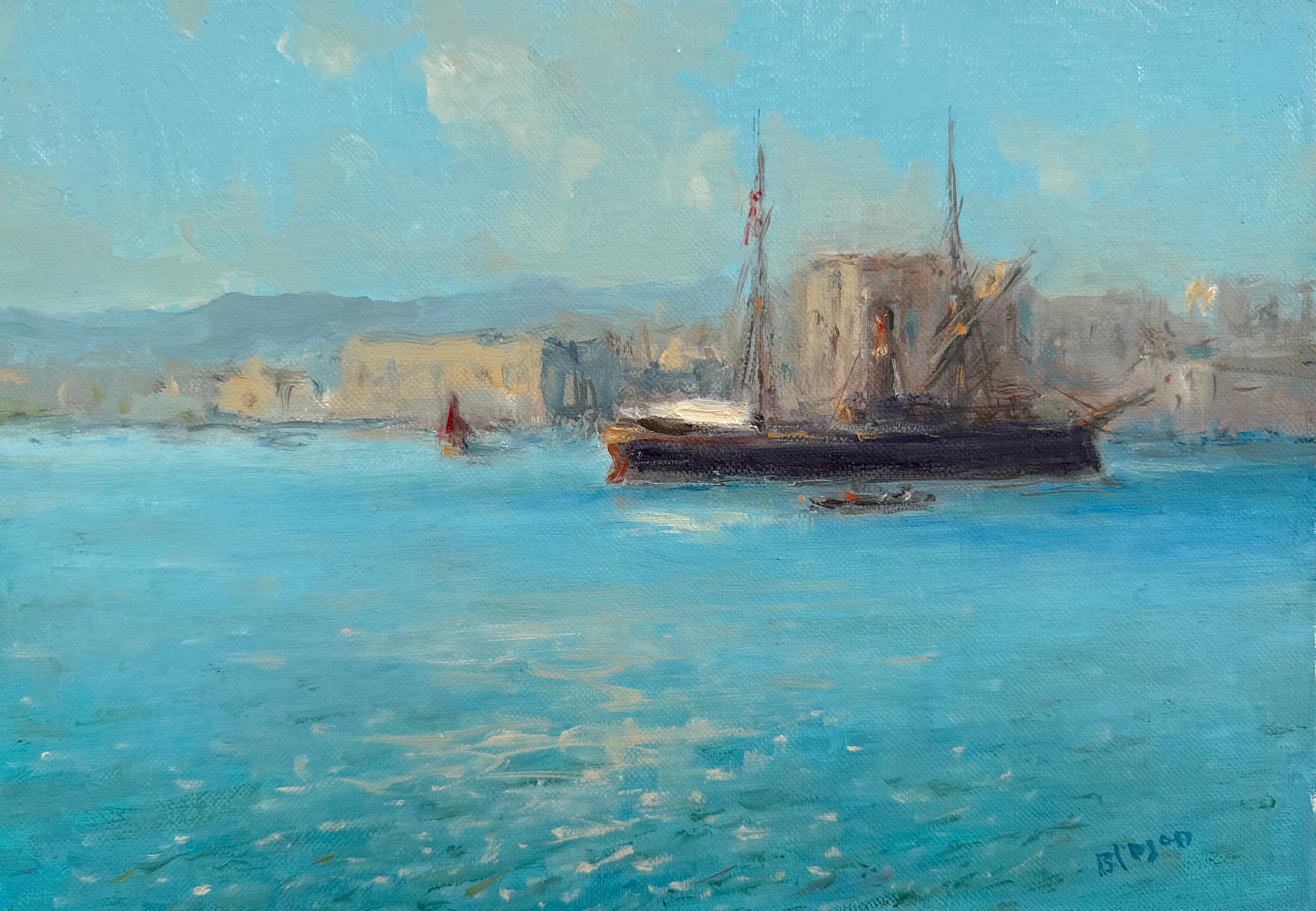 Port, paysage marin, peinture à l'huile originale, unique en son genre