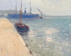 Harbor, Coastal, peinture à l'huile originale, unique en son genre