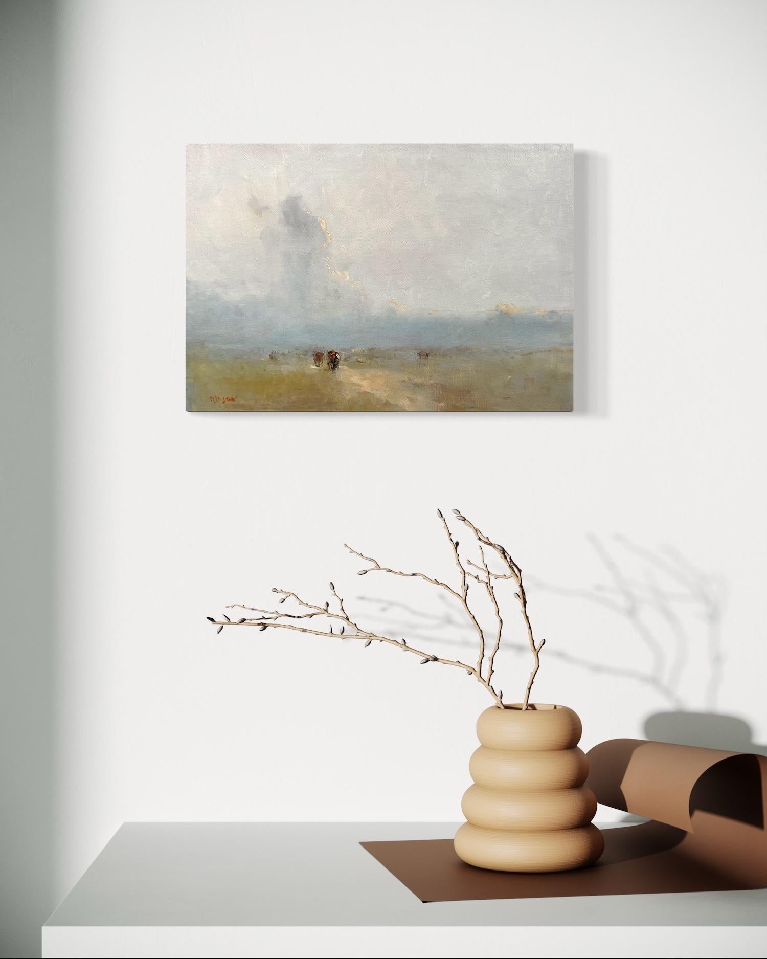 Harvest Landscape Original Oil Painting on Linen,  Ready to Hang - Brown Landscape Painting by Karen Darbinyan