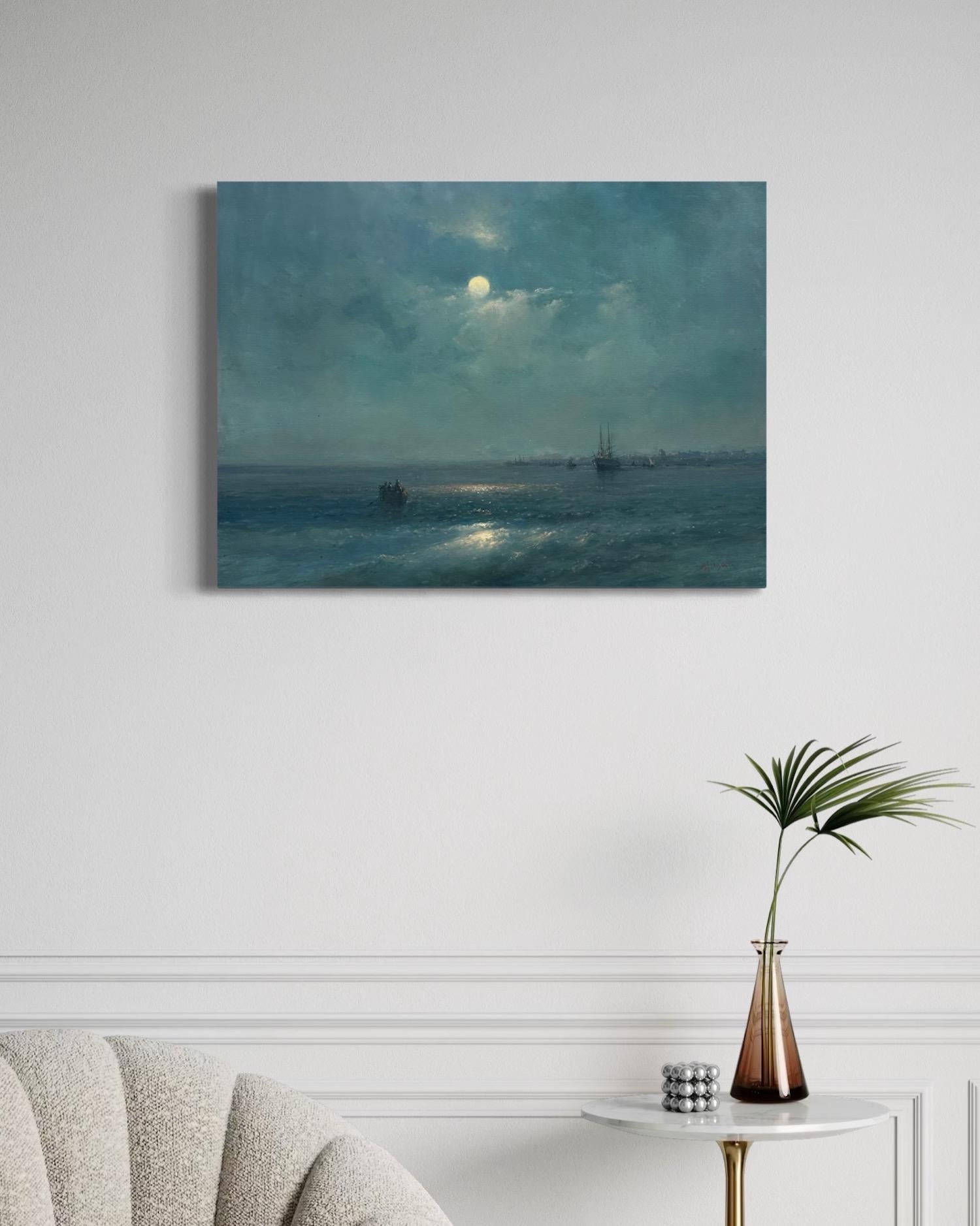 Moonlight, Seascape Original Oil Painting on Linen, Coastal, Ready to Hang For Sale 1